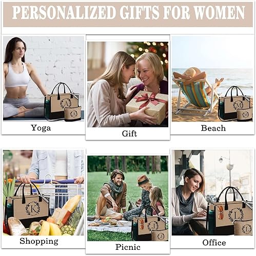 Miniatura 6 de YOOLIFE Regalos para mujer  Bolsa de yute inicial y bolsa de maquillaje con bolsillos con cremallera correa ajustable, regalos de cumpleaños para