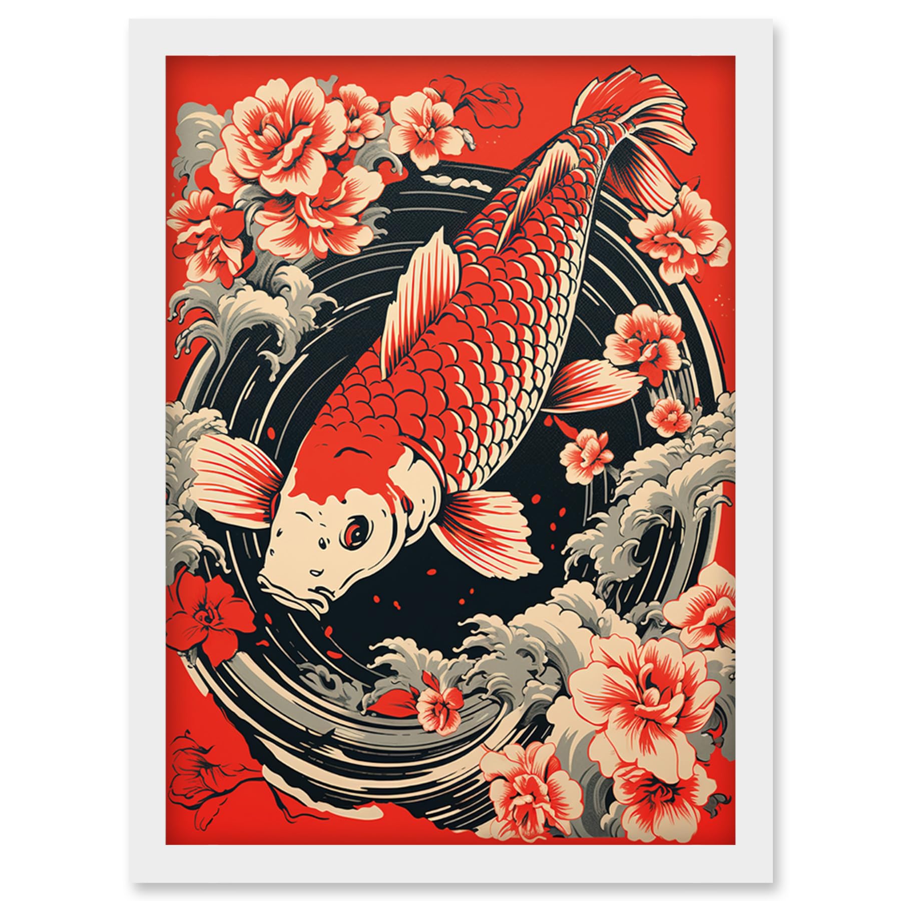 Artery8 Koi Fish Carp Japanese Whirlpool Red Black Floral Illustration Artwork Coy Artwork Framed Wall Art Print A4