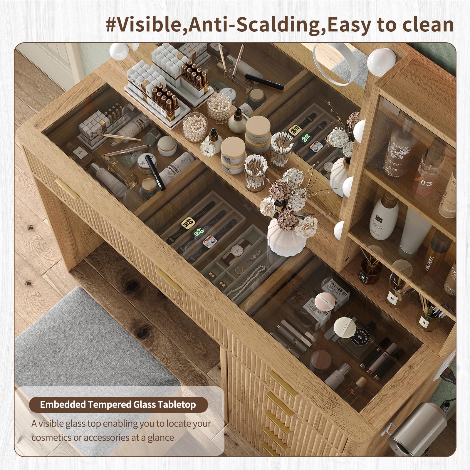 Yanosaku 47" Fluted Vanity Desk with Mirror & LED Lights, 7-Drawer Makeup Vanity with Glass Top & Cabinet, Vanity with Chair & Charging Station, 3 Lighting Modes, for Bedroom, Natural Oak