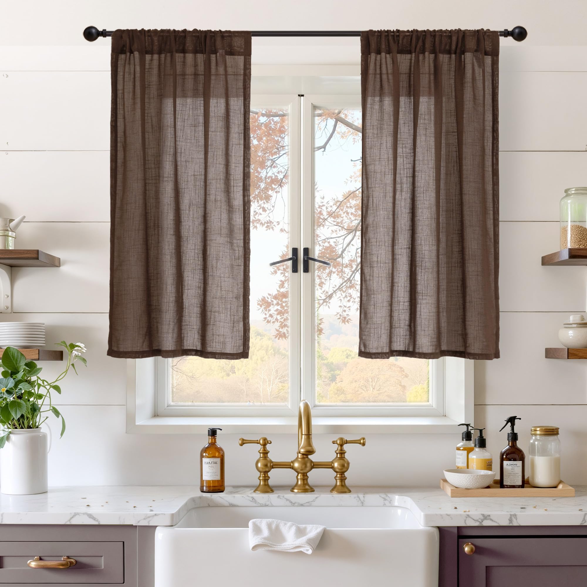 BGment Brown Linen Kitchen Curtains 40 Inch Length, Small Semi Sheer Drapes Textured for Cafe Window Over Sink Bathroom Decor Lightweight Rod Pocket, 2 Panels Set, Each 30 Inch Wide