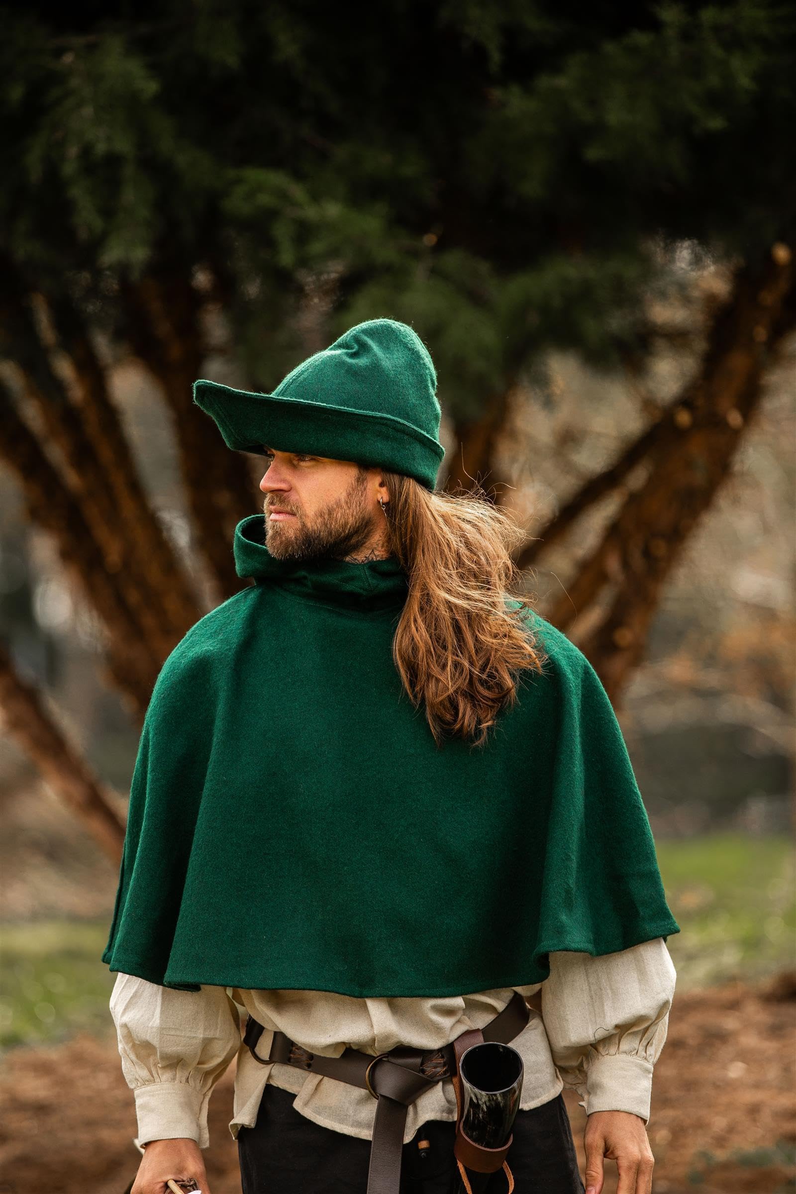Leonardo Carbone® Męskie nakrycie głowy Robin Hood-Hut | asymetryczna krawędź | styl średniowieczny | karnawał, Halloween, Cosplay, LARP, kapelusz, czapka, akcesoria, wełna