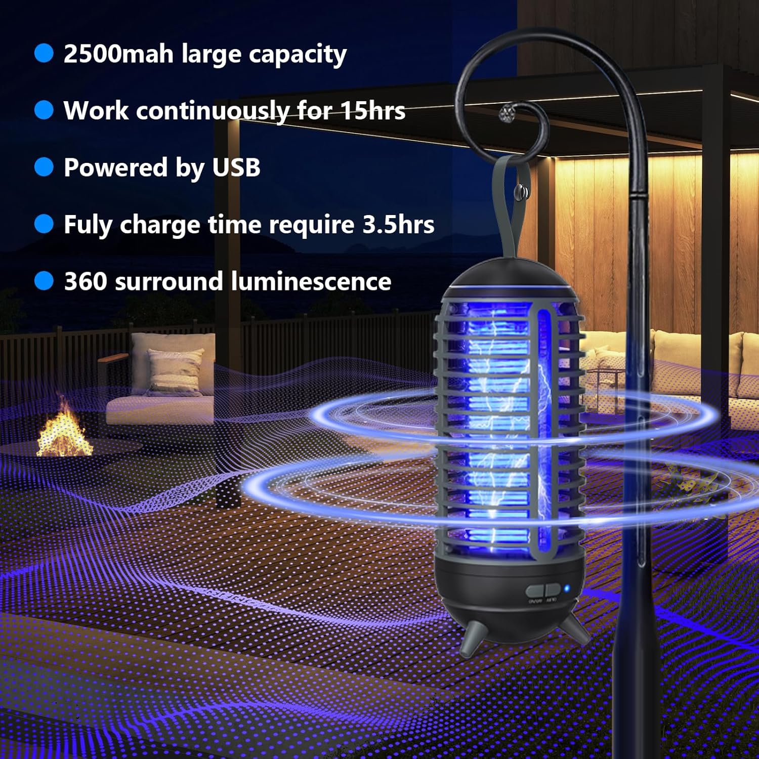 Cordless Bug Zapper Outdoor Rechargeable 2 in 1 Wireless Mosquito Killer Lamp 2500mAh Bug Zapper Electric Trap Ideal Fly Zapper Indoor for Patio, Home, Backyard, Yard, Garden, Campsite (Black)