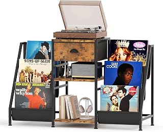 CAIYUN Vinyl Record Player Stand with 3-Tier Storage and Fabric Drawer, Vinyl Record Storage for Living Room, Holds Up to 280 Albums, CD Rack with Fabric Drawer, Retro Media Console, Rustic Brown