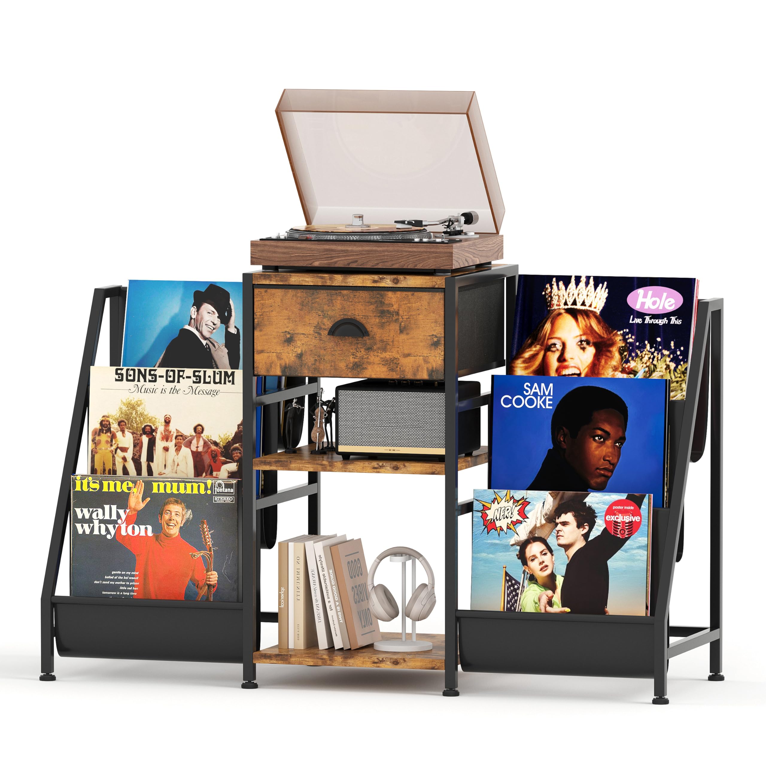 CAIYUN Vinyl Record Player Stand with 3-Tier Storage, Turntable Table for Living Room Holds Up to 280 Albums