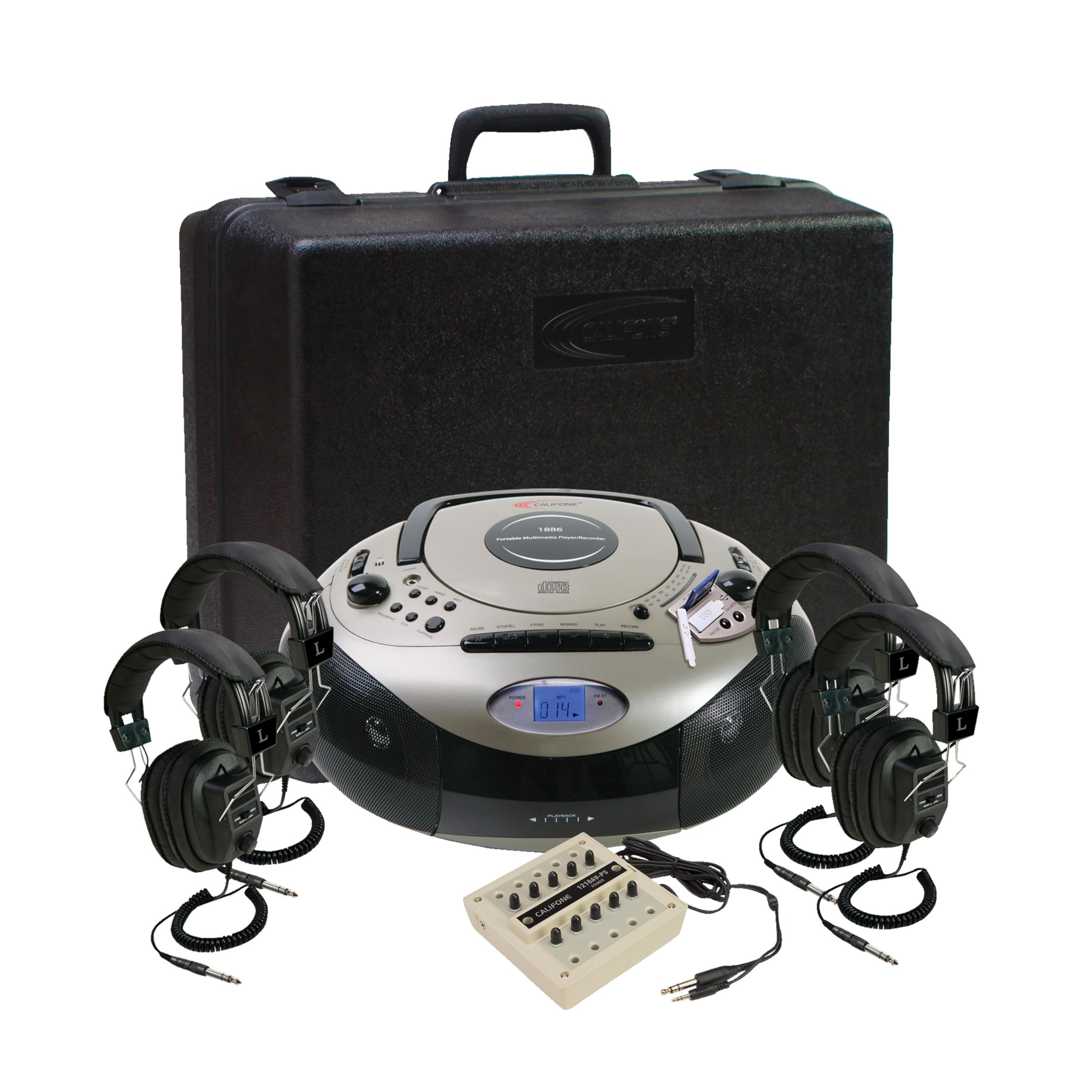 Califone 1886PLC 4-Person Spirit SD Stereo Listening Center, Includes 1886 Boombox Multimedia Player, Carry/Storage Case, One 10 position jackbox and Four 3068AV Headphones