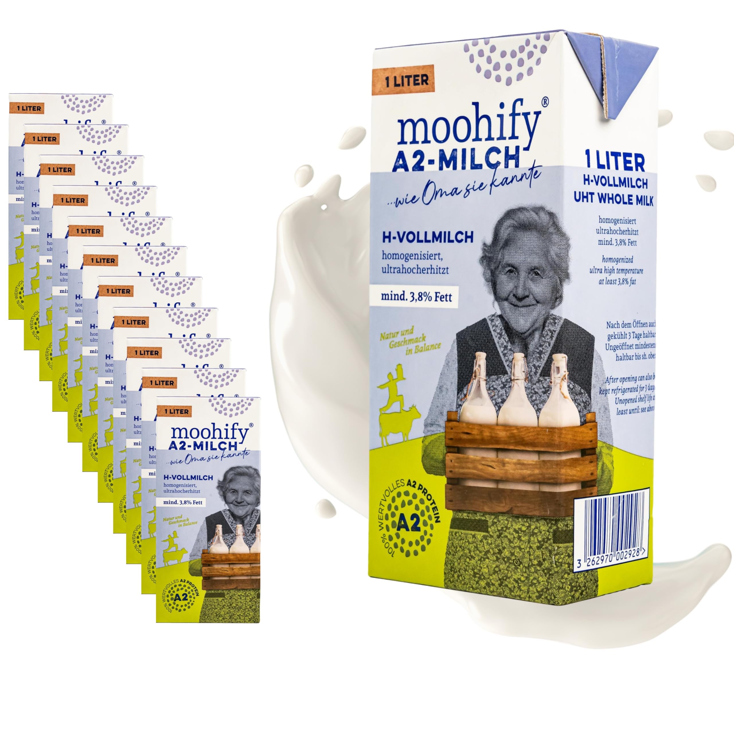 A2 Wohlfühl-Milch H-Vollmilch 3,8% 1 Liter 12er Pack - Haltbare Proteinmilch Kuhmilch mit A2 Protein