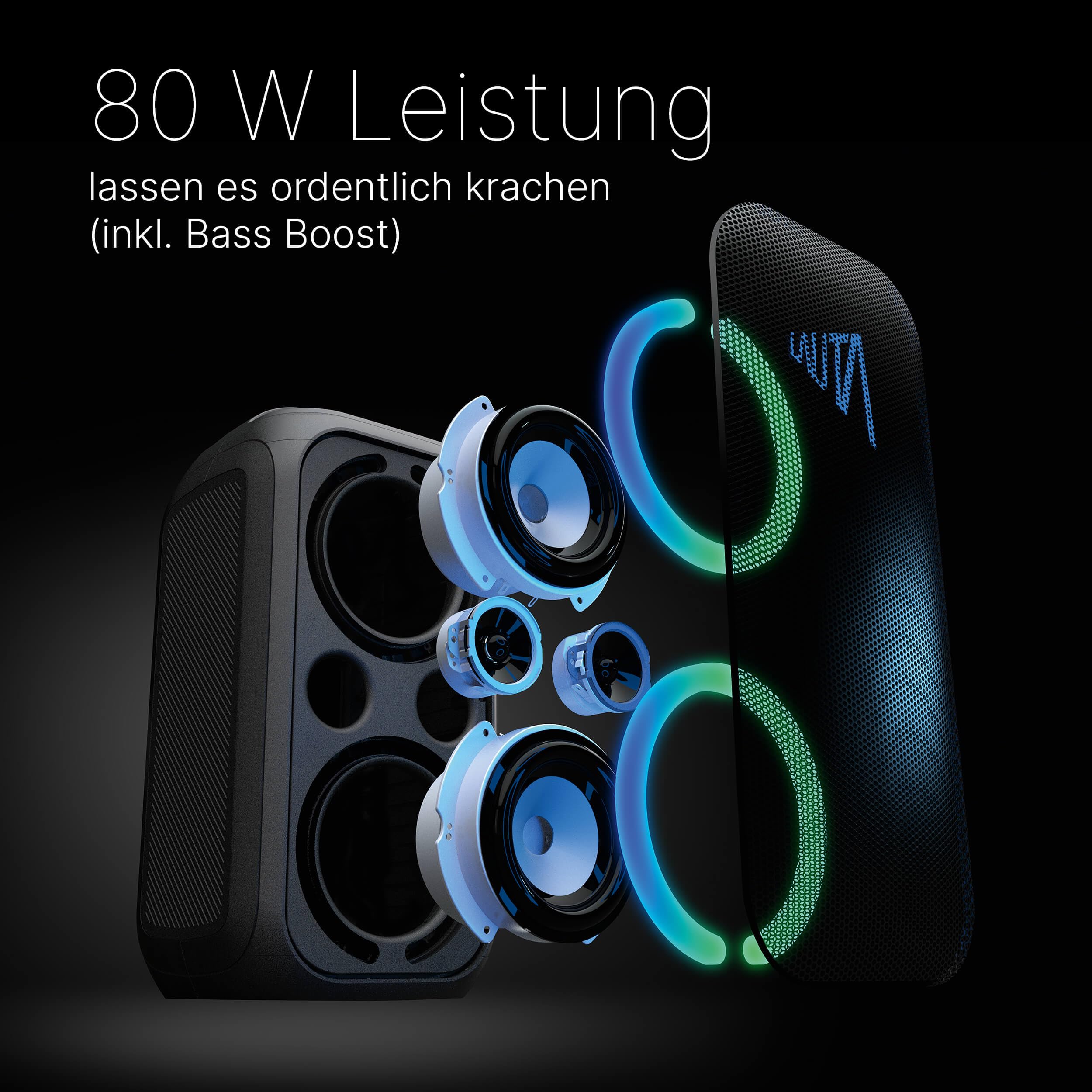LAUTA WUMMSBOX - 160W Peak Bluetooth Partybox, Musikbox mit 103dB Sound | Bass Boost, True Wireless Stereo, 12 Stunden Akkulaufzeit, LED, IPX4, USB, Mikrofon-Anschluss, 80W RMS Leistung