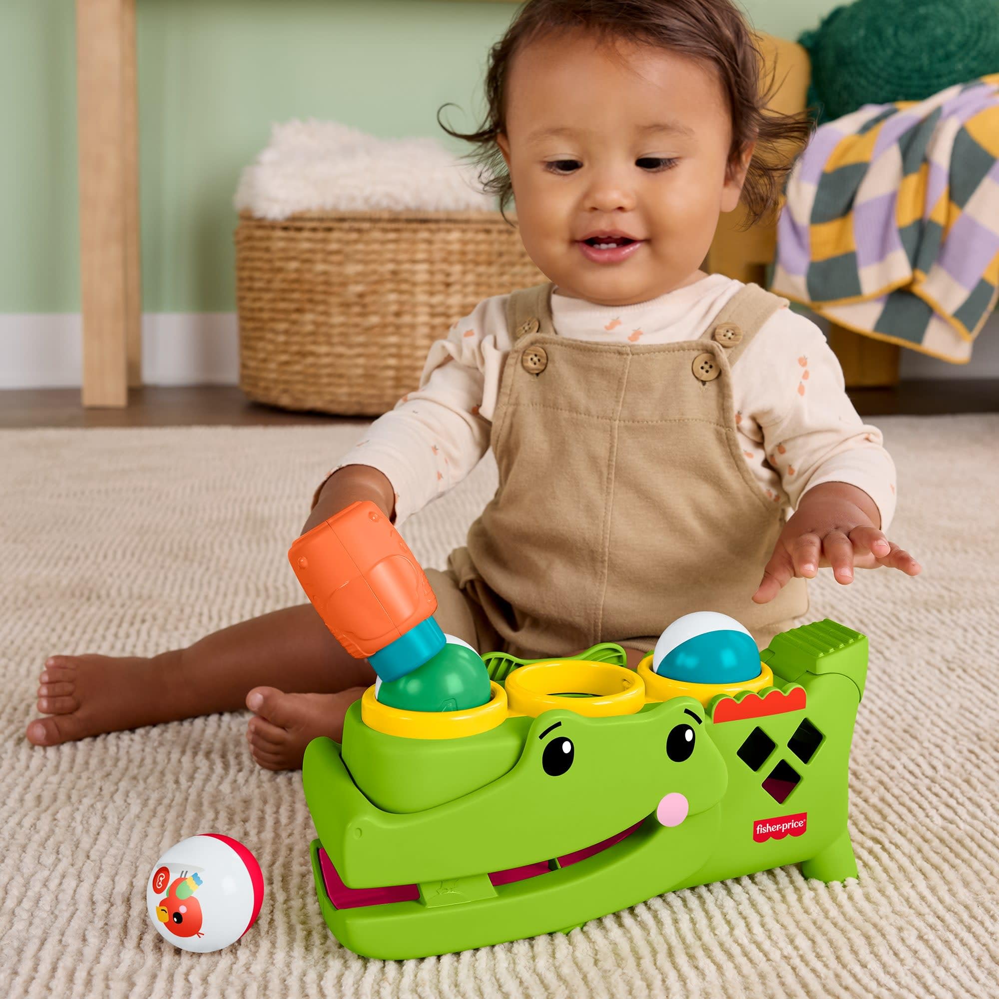 Fisher-Price Krokodyl Przebijanka aktywizująca z piłeczkami, zestaw zachęcający do raczkowania, młoteczek i 3 piłeczki, zabawka rozwojowa dla dzieci od 9 miesiąca życia, JLB94