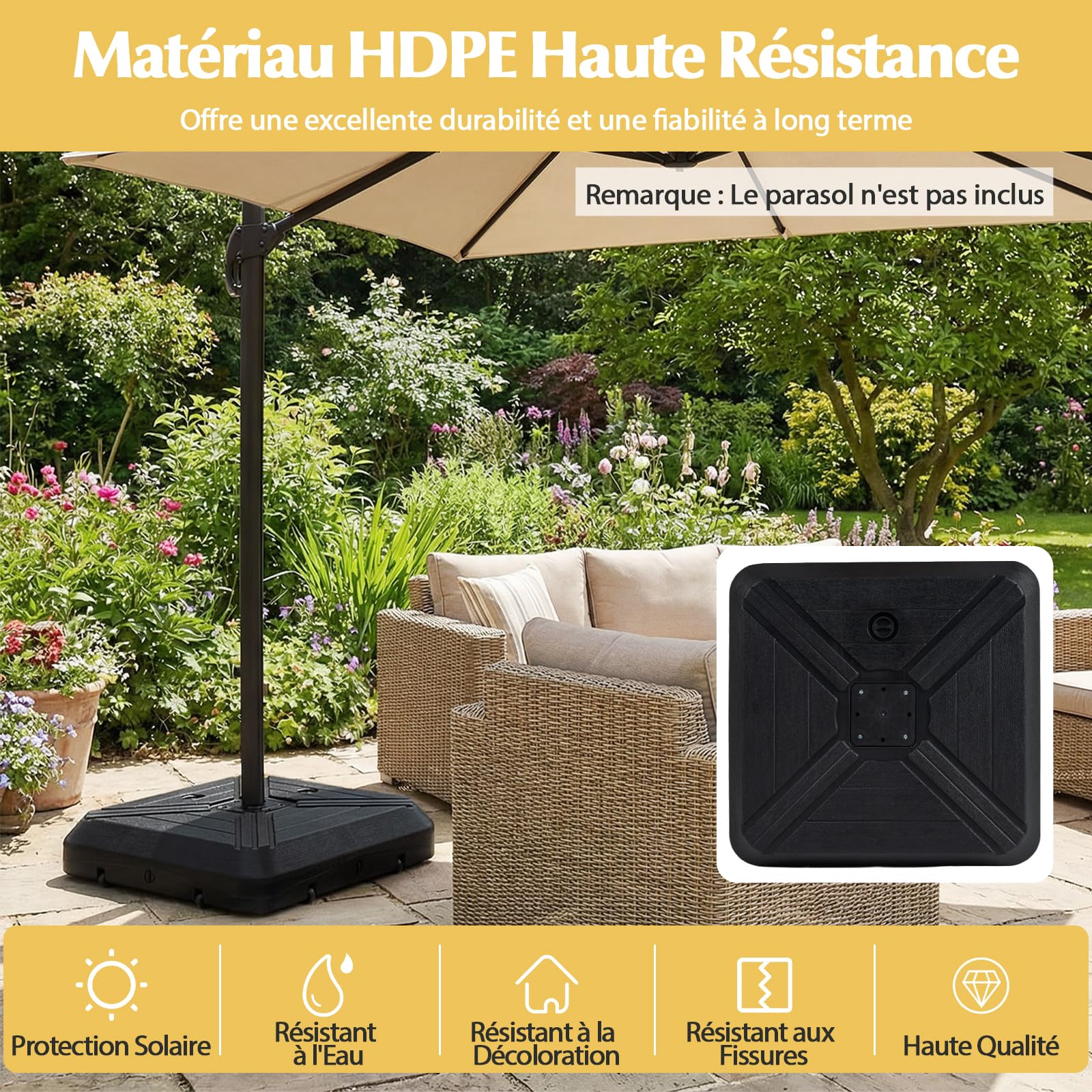 COSTWAY Pied de Parasol Déporté avec 2 roulettes, Support Parasol en HDPE, Rempli de 156 kg Sable&Eau/125 kg Sable/78 kg Eau, Barre Transversale, Base pour Jardin Piscine Terrasse, 81 x 81 x 19 cm