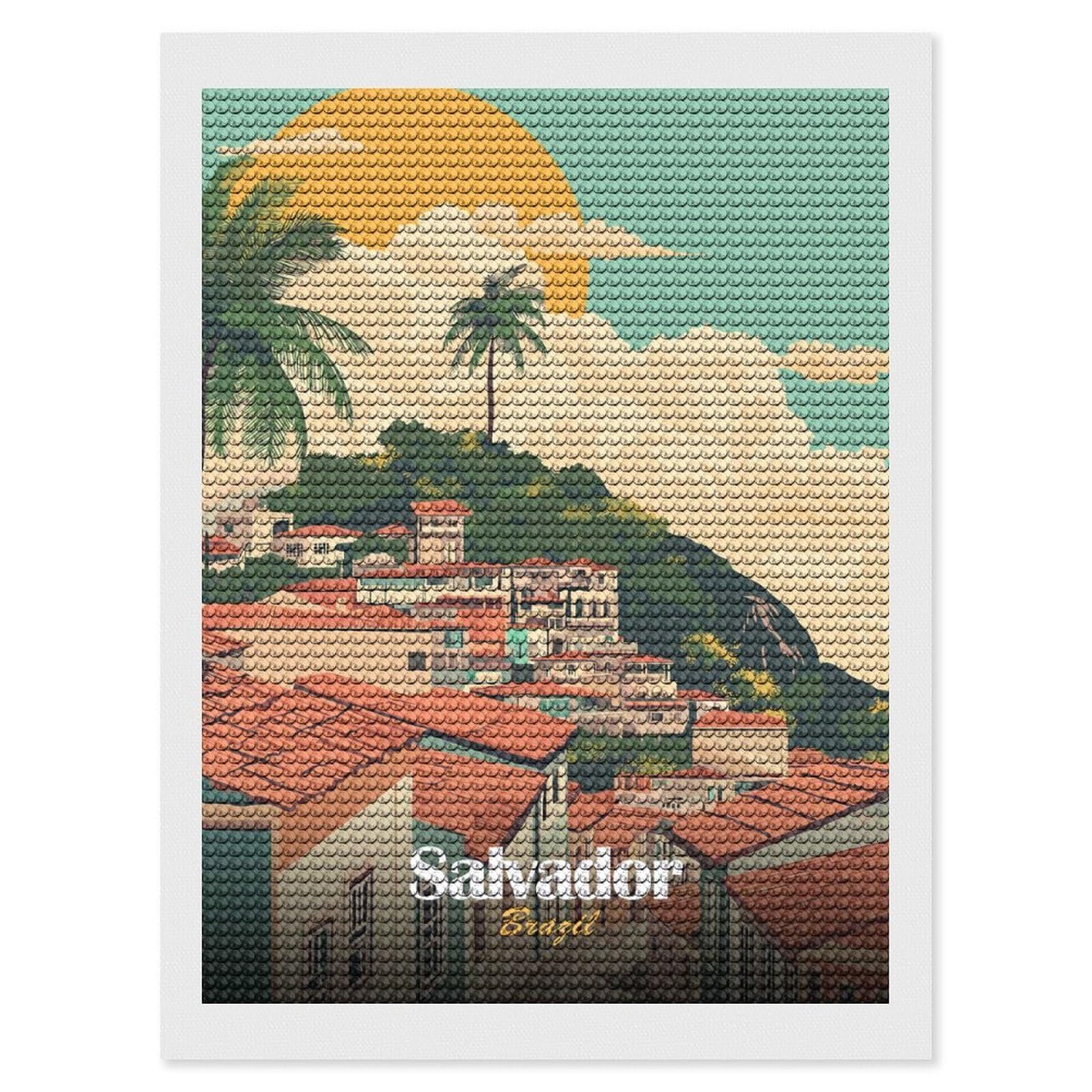 Junmoney Salvador, Brazil Cityscape Illustration DIY Diamond Art Canvas Kit 12"x16", Adhesive Canvas, Easy to Enjoy, Farmhouse Decor, Festive Craft Gift