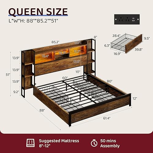 Miniatura 2 de Base de cama tamaño Queen con 4 cajones de almacenamiento y cabecero con almacenamiento de estantes, marco de cama de plataforma de madera con luces
