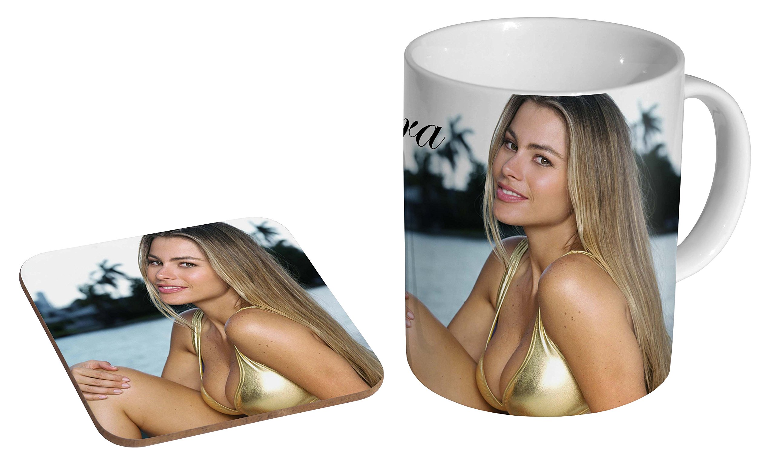 Mugmart Gold,White Sofia Vergara Gold Bikini Ceramic Coffee Mug + Coaster Gift Set …
