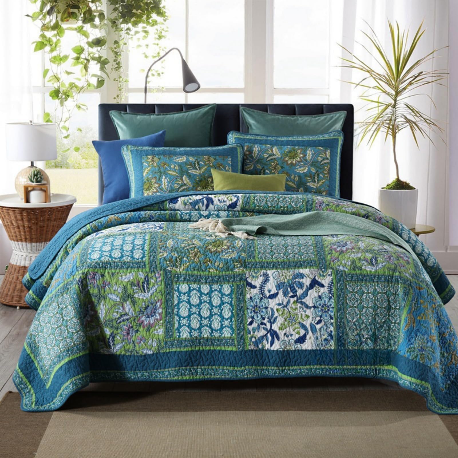 ABREEZE 3 Pieces Patchwork Quilted Coverlet Bedspread Set Comfy Comforter Bedding Sets Farmhouse Bedding Set Comforter Set Floral Quilt Set Bedspread