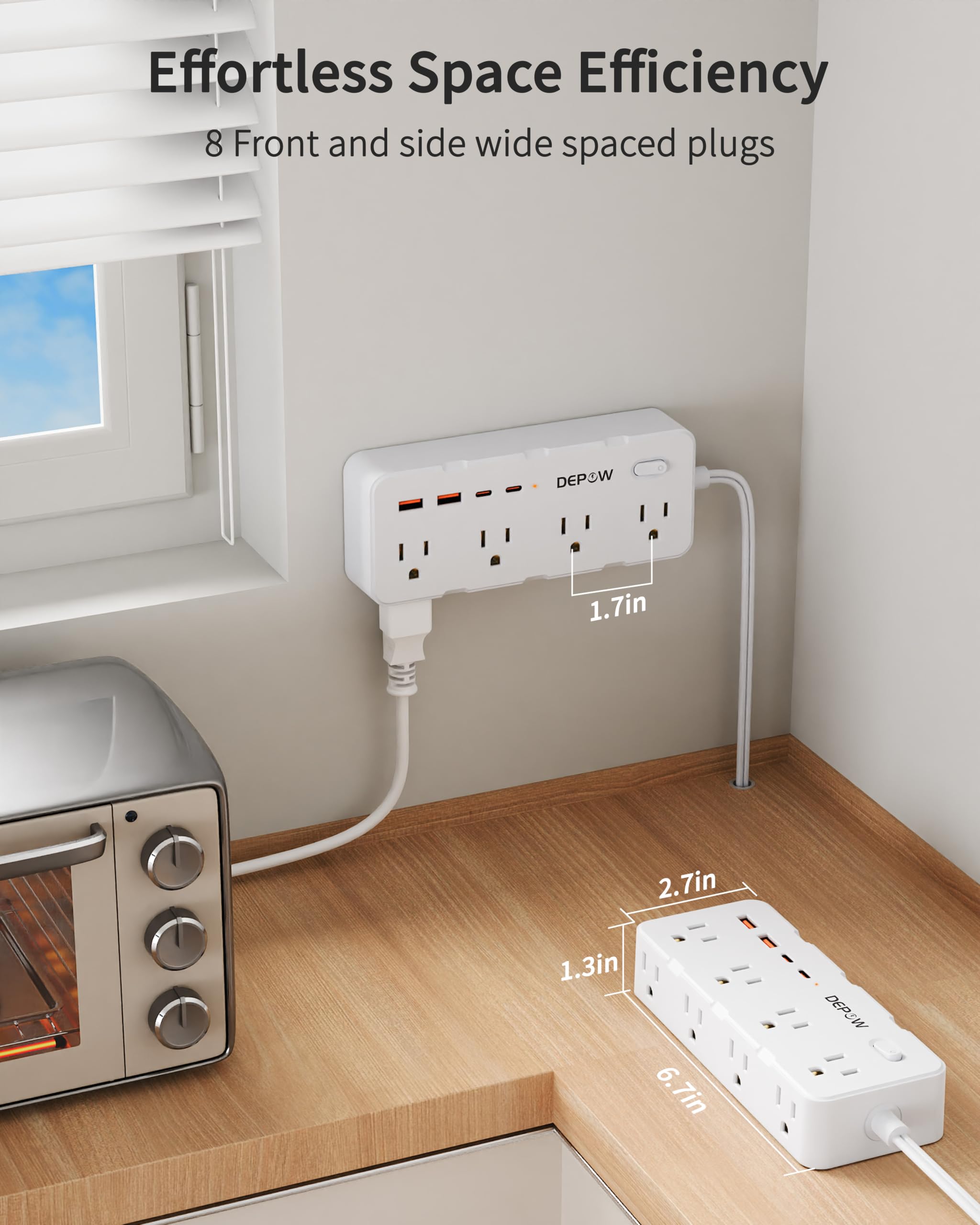DEPOW - 2-pinowa listwa zasilająca, przedłużacz 5 stóp z wieloma gniazdami, 8 wyjść AC, 4 porty USB (2 USB C), stacja ładująca z wtyczką flagową, ochrona