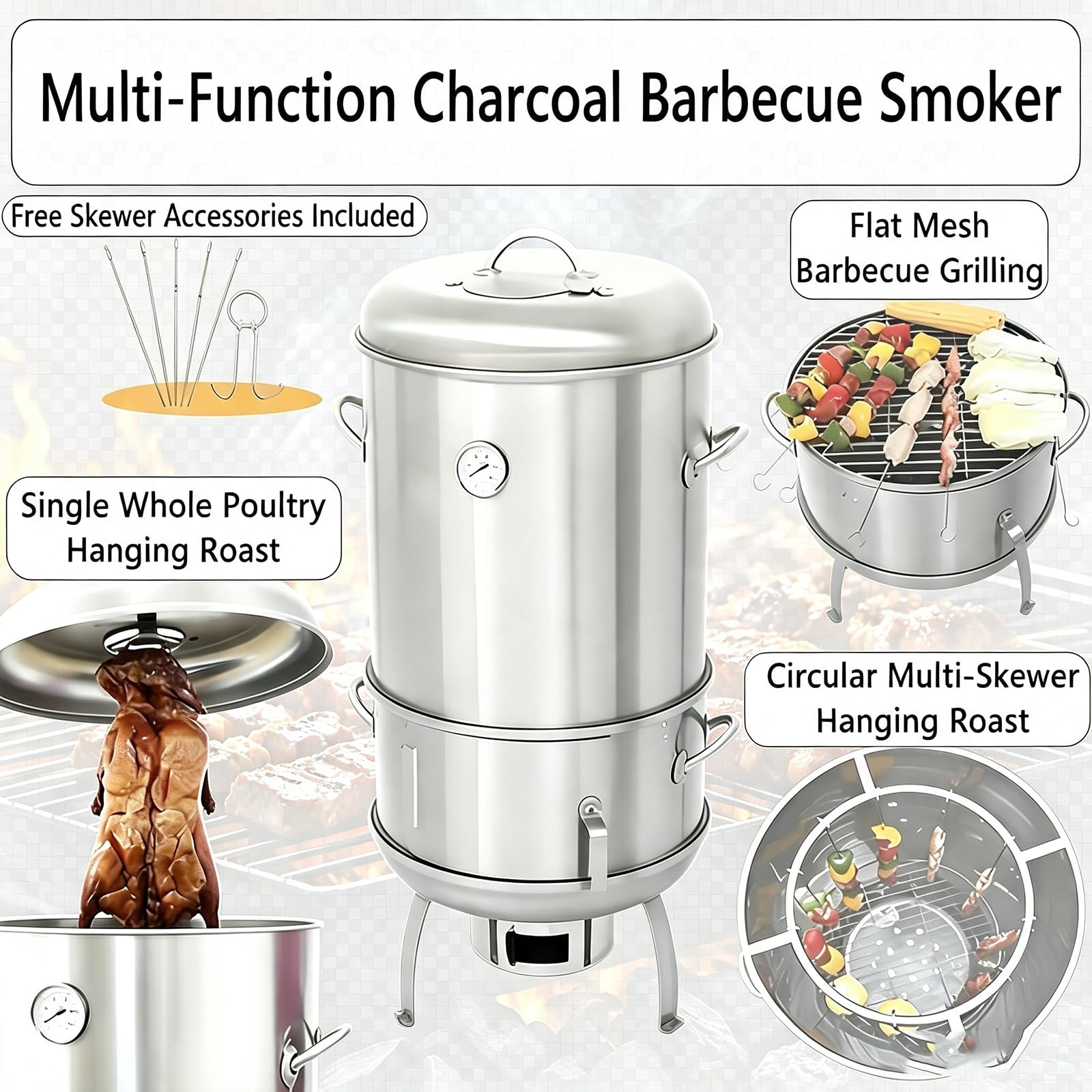 Barbecue A Carbone 3 in 1 con Termometro | Barile Arrostire Carne, Pollame Intero, Spiedini Circolari, Griglia Piatta, 3 Modalità Cottura, Ideale Per Patio E Campeggio