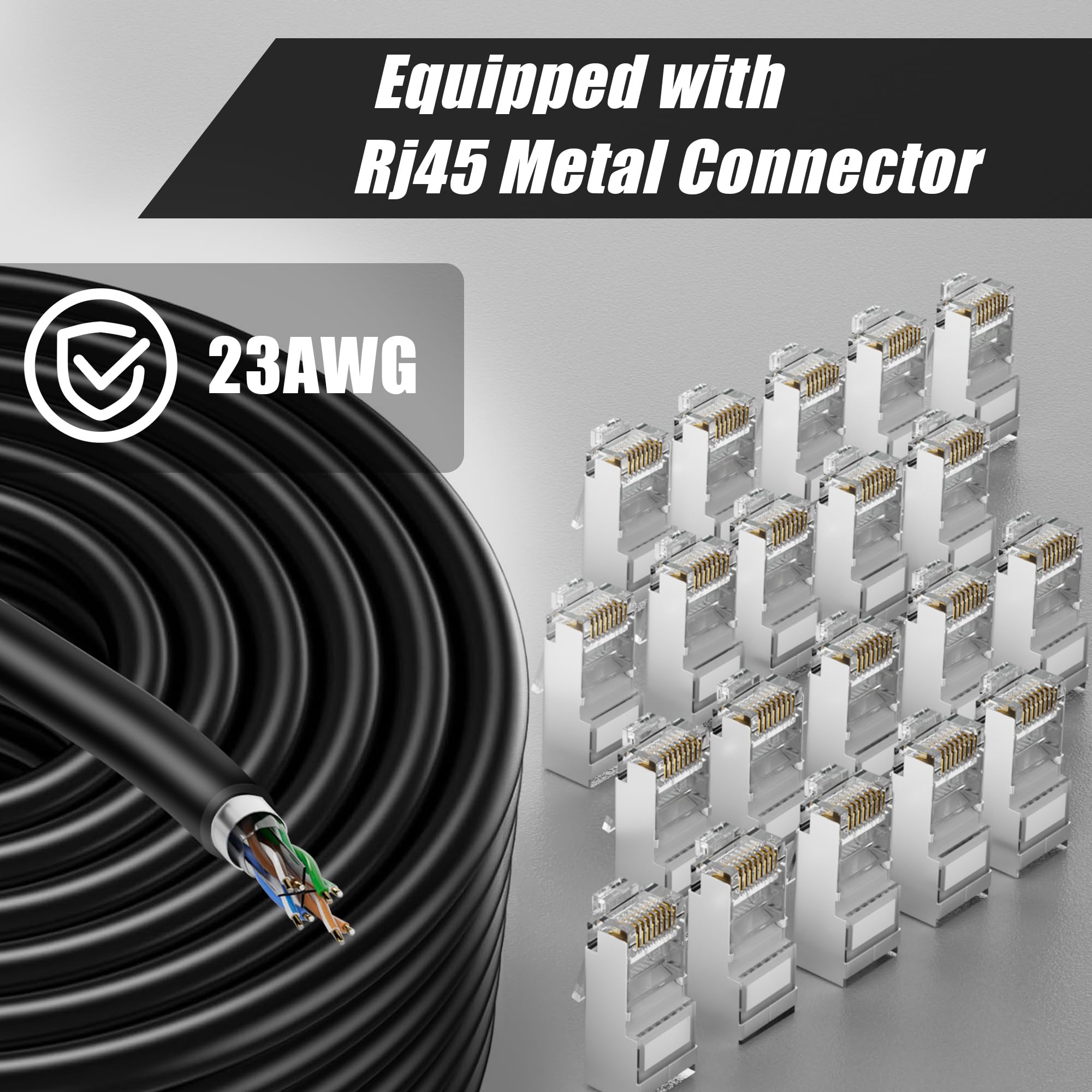 MEIPEK Cable Ethernet 100m, Cat 6 Rj45 Blindé Gigabit Câble Réseau Extérieur Anti-Brouillage Résistant aux Intempéries Cable Internet Noir FTP 23AWG 100 Mètres Fil Lan pour Modem Routeur