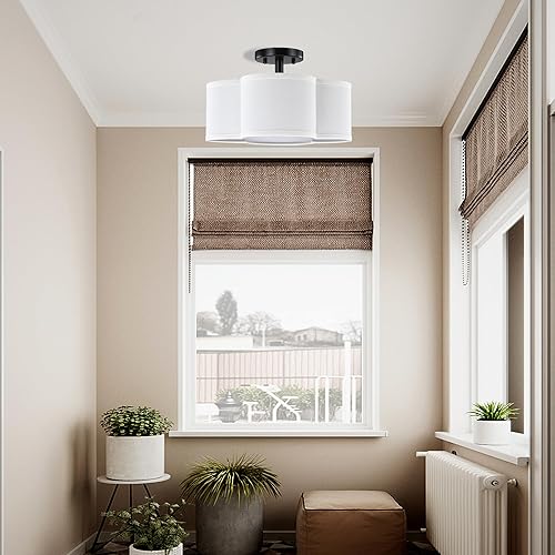 Miniatura 5 de Lámpara de techo semiempotrada de 4 luces de 14 pulgadas, pantalla de tambor de tela blanca, acabado negro para dormitorio, comedor, pasillo, sala