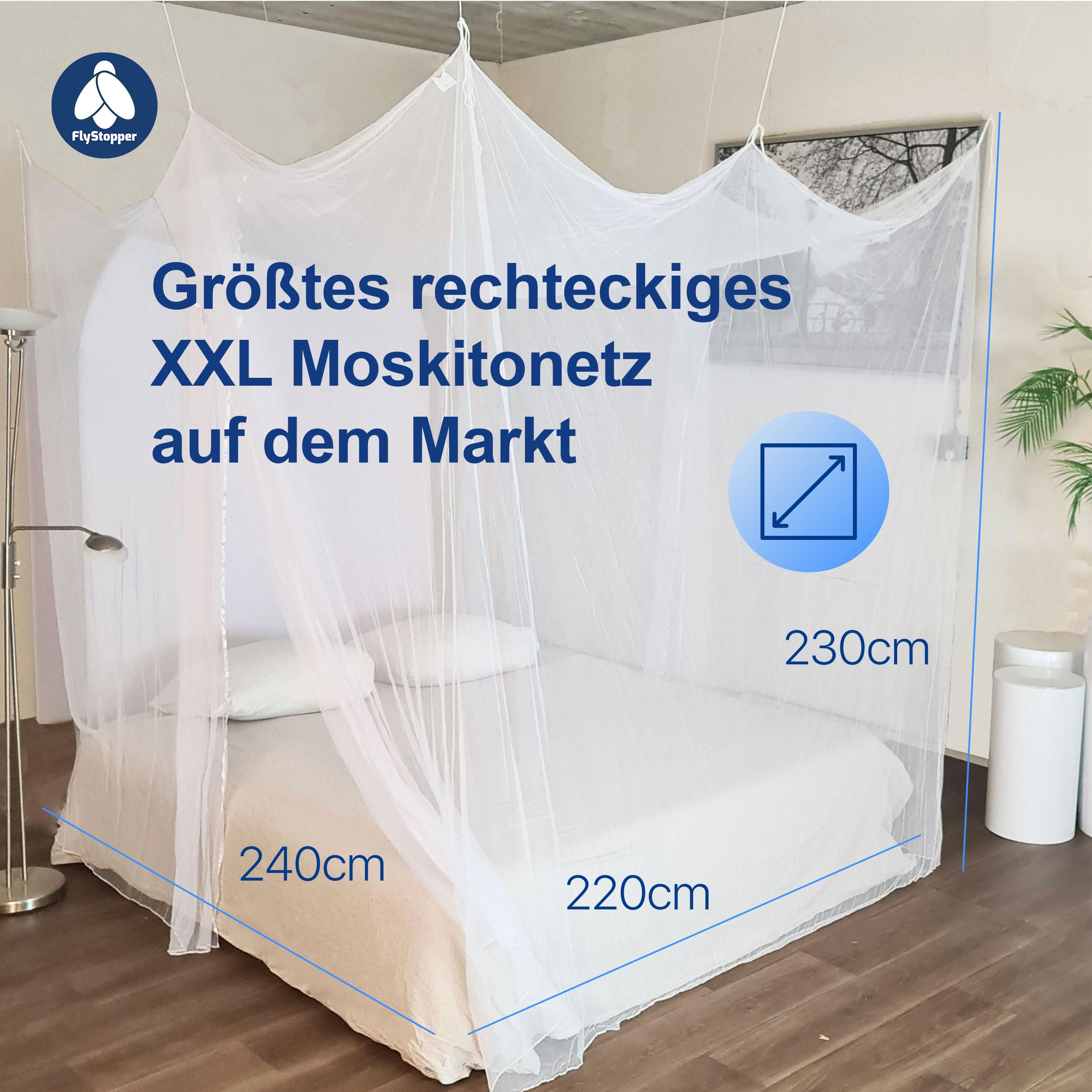 MOSKITONETZ Doppelbett XXL - 240x220x230, XXL Mückennetz für Bett, feinste Löcher, rechteckiger Netzvorhang Reise, Insektenschutz, 2 Einträge, einfache Anbringung, Tragetasche