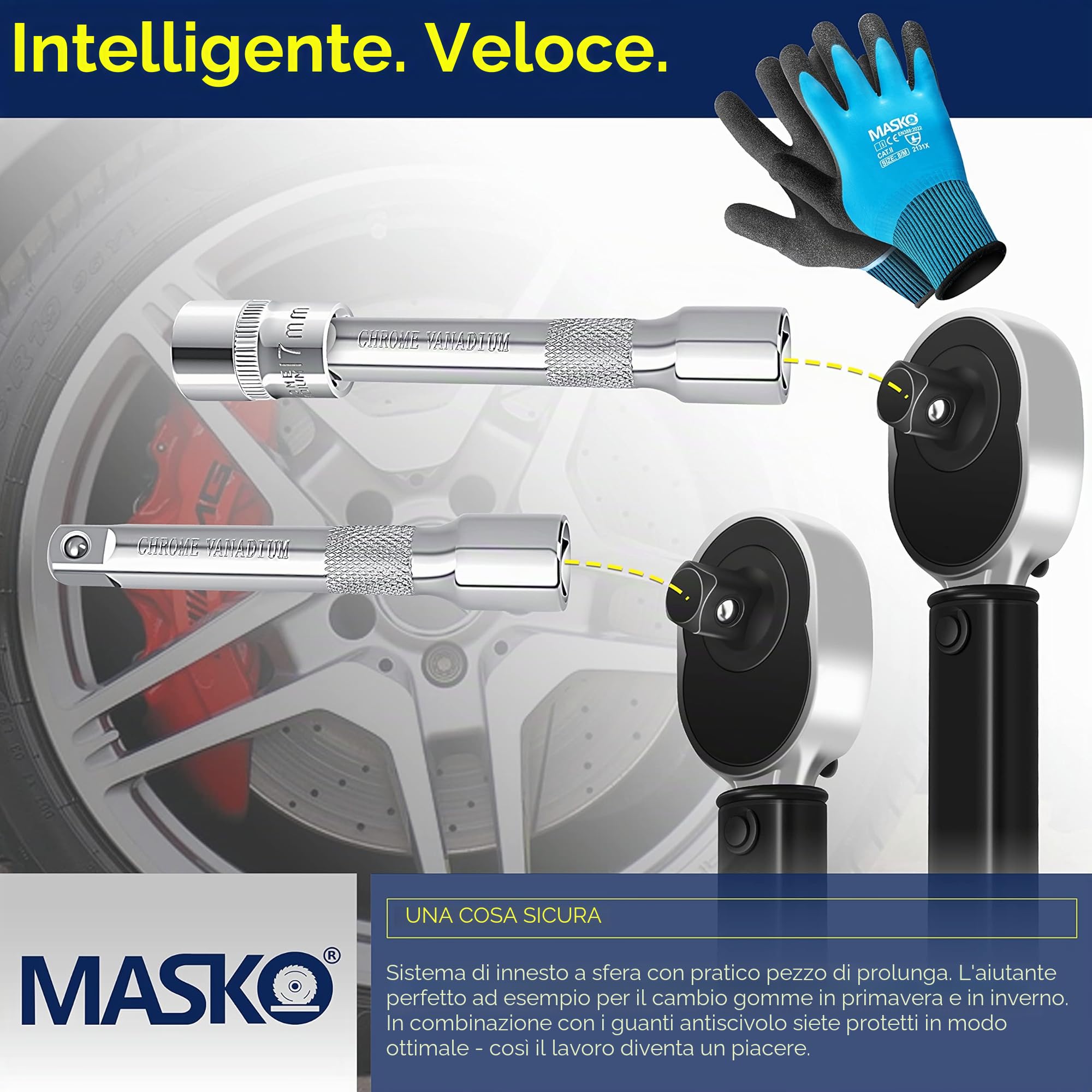 Masko® Chiave dinamometrica 6 pz. Set 40-210Nm 1/2 ' CV con 3 attacchi da 17 mm, 19 mm, 21 mm e prolunga da 125 mm con custodia +/- 4% di tolleranza chiave per pneumatici chiave dinamometrica