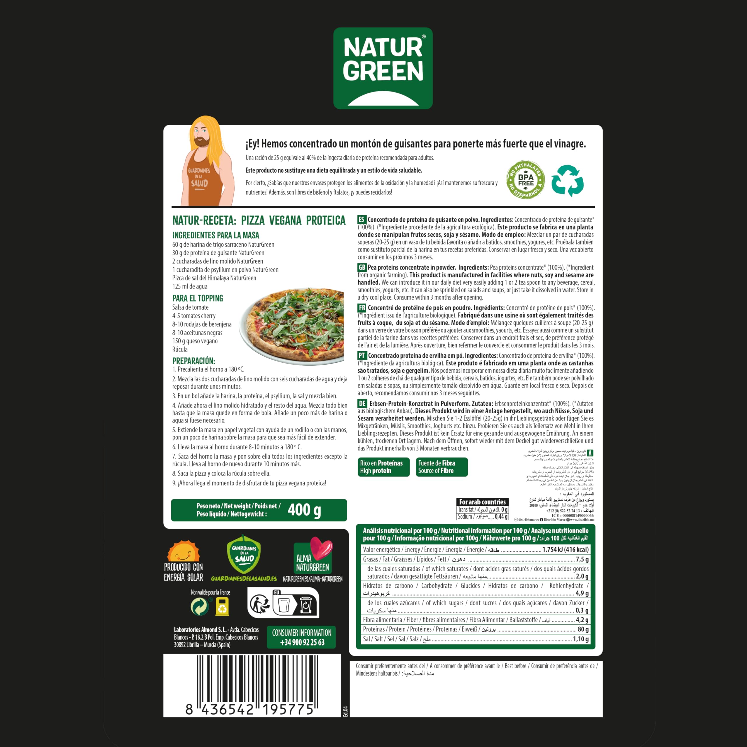 NaturGreen - Proteína de Guisante BIO, Concentrado de Proteína Ecológica, Superalimento, Polvo de Proteínas y Aminoácidos, 100% Vegano - Pack 10 Unidades de 400 g
