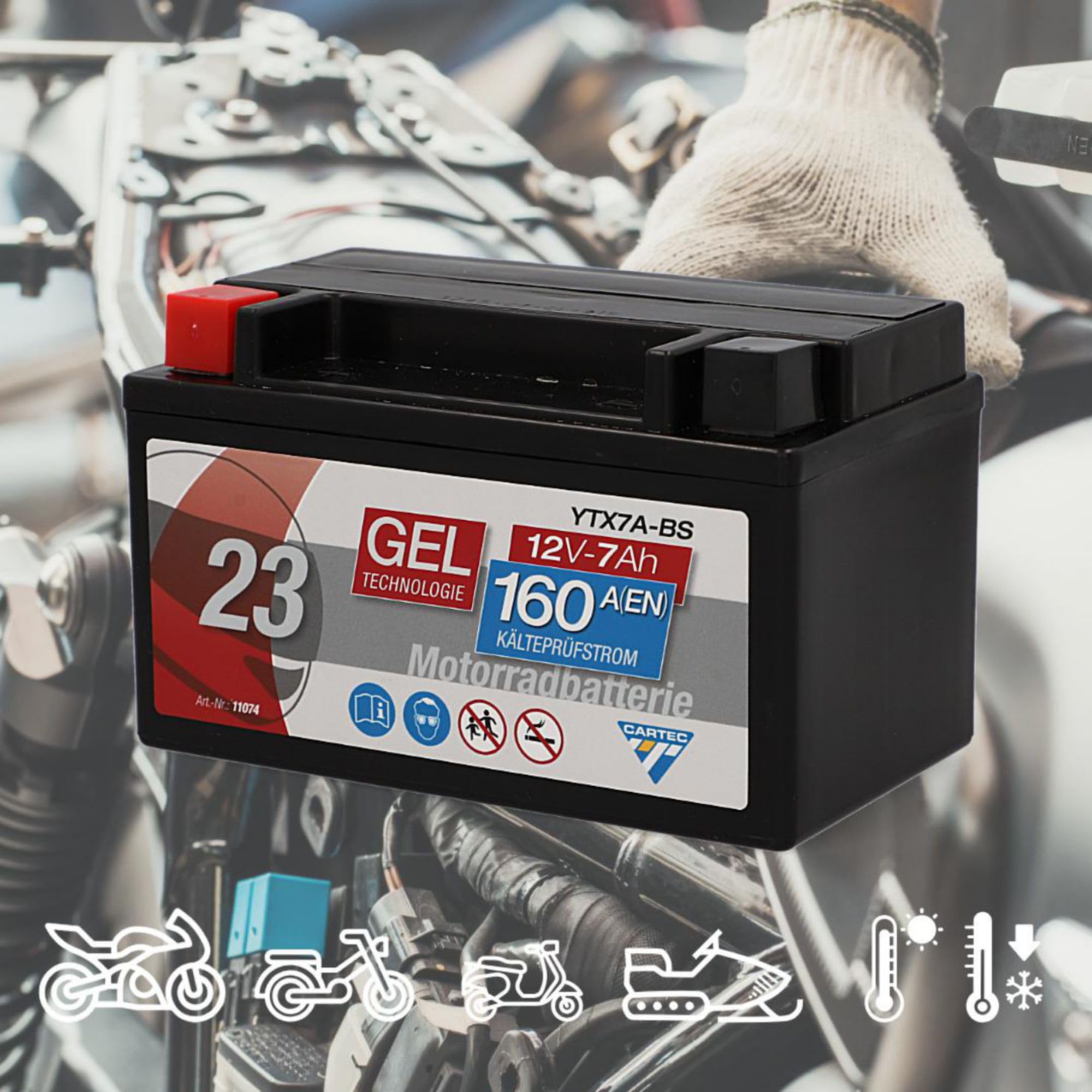 Batería de motocicleta CARTEC YTX7A-BS, 6Ah, 90A, batería de arranque de motocicleta con tecnología de gel, calidad OEM, ciclo profundo, almacenable, sin mantenimiento