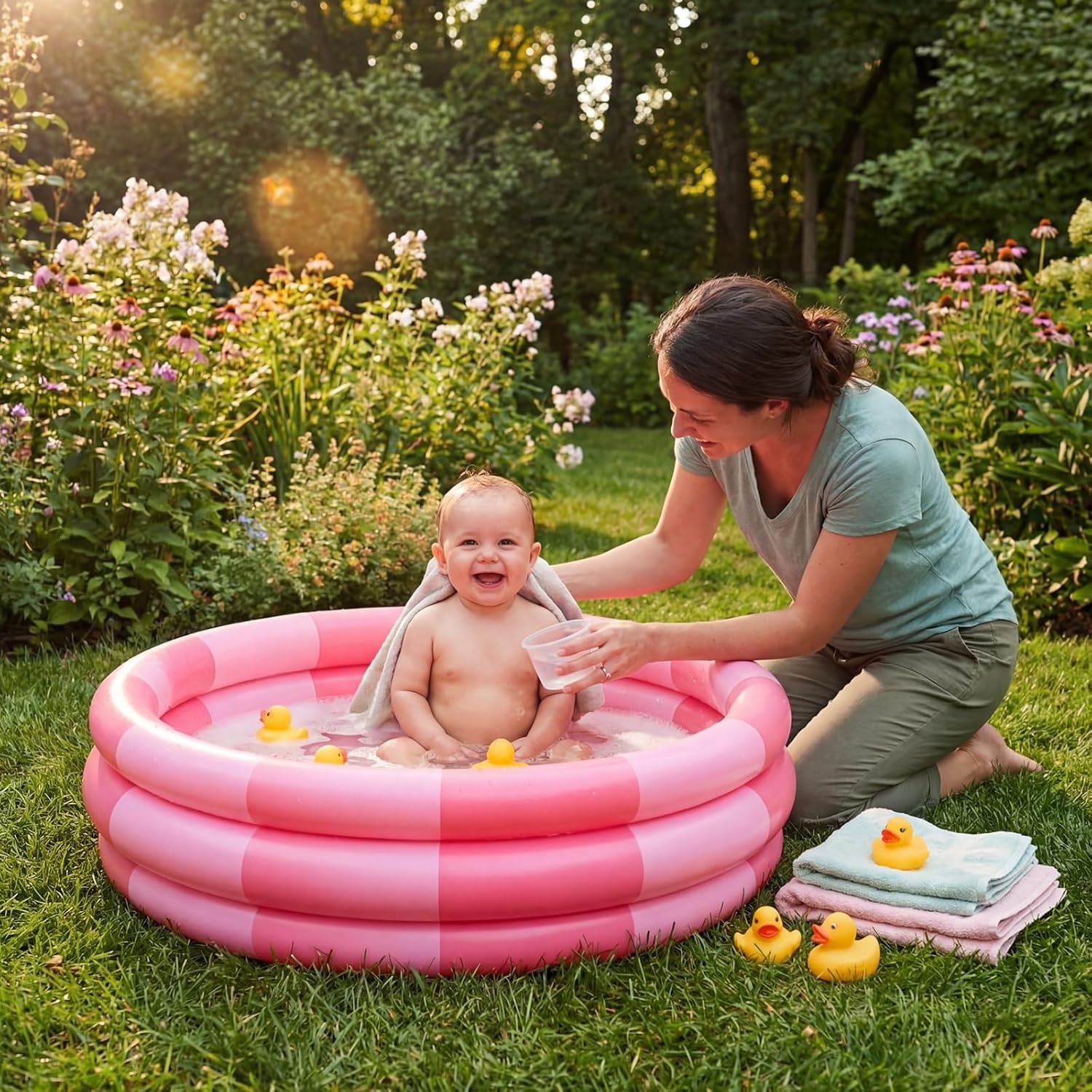 VioraWhite 4 Pack Inflatable Kiddie Pool for Toddlers 34"x10" Pink Stripe Blow up Kids Swimming Pool Small 3 Rings Round Baby Pools for Indoor Outdoor Water Game Play Center