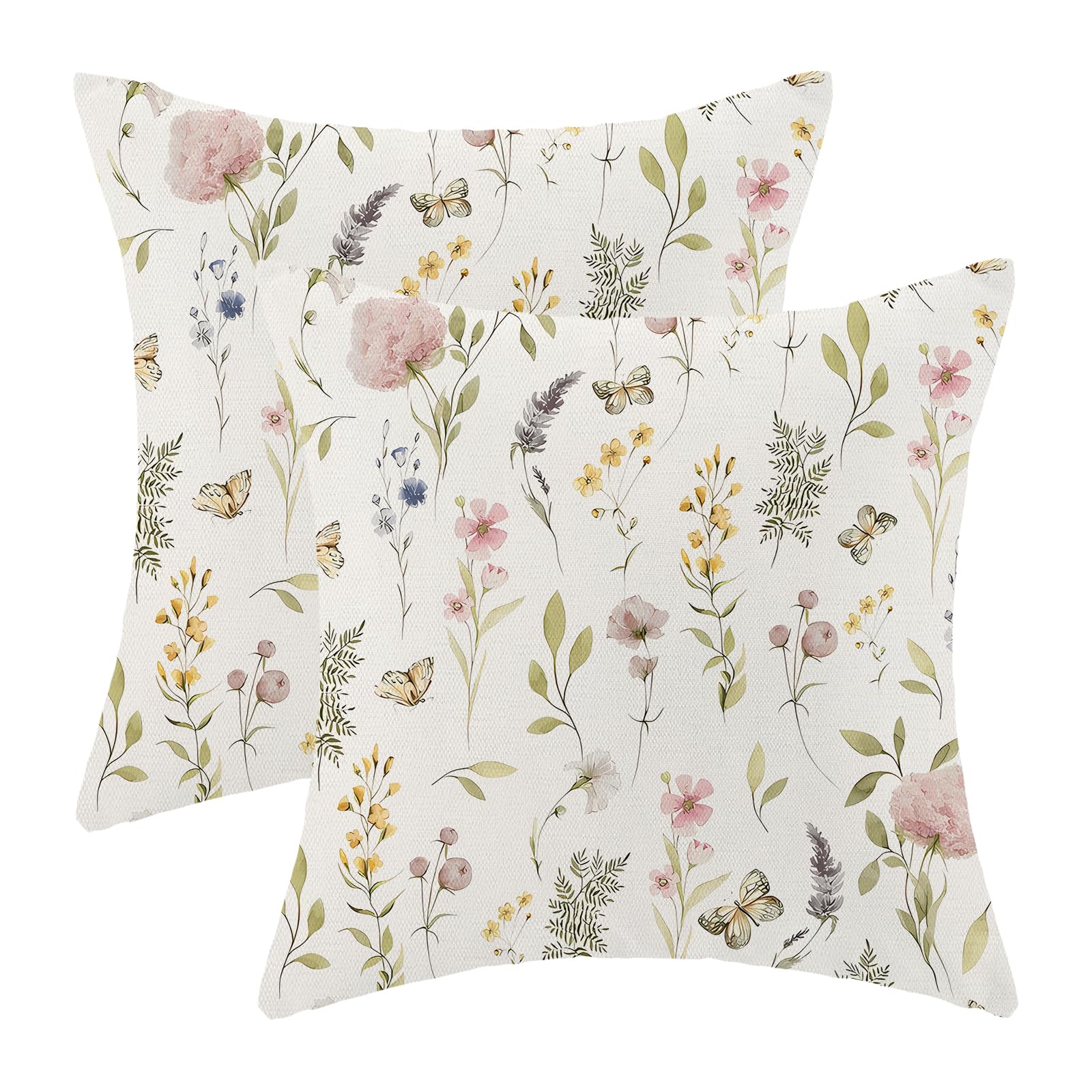 Spring Pillow Covers 24x24 Inch Set of 2, Sage Green Pink Wild Flower Throw Pillows Case,Colorful Seasonal Floral Plant Outdoor Decorative Farmhouse