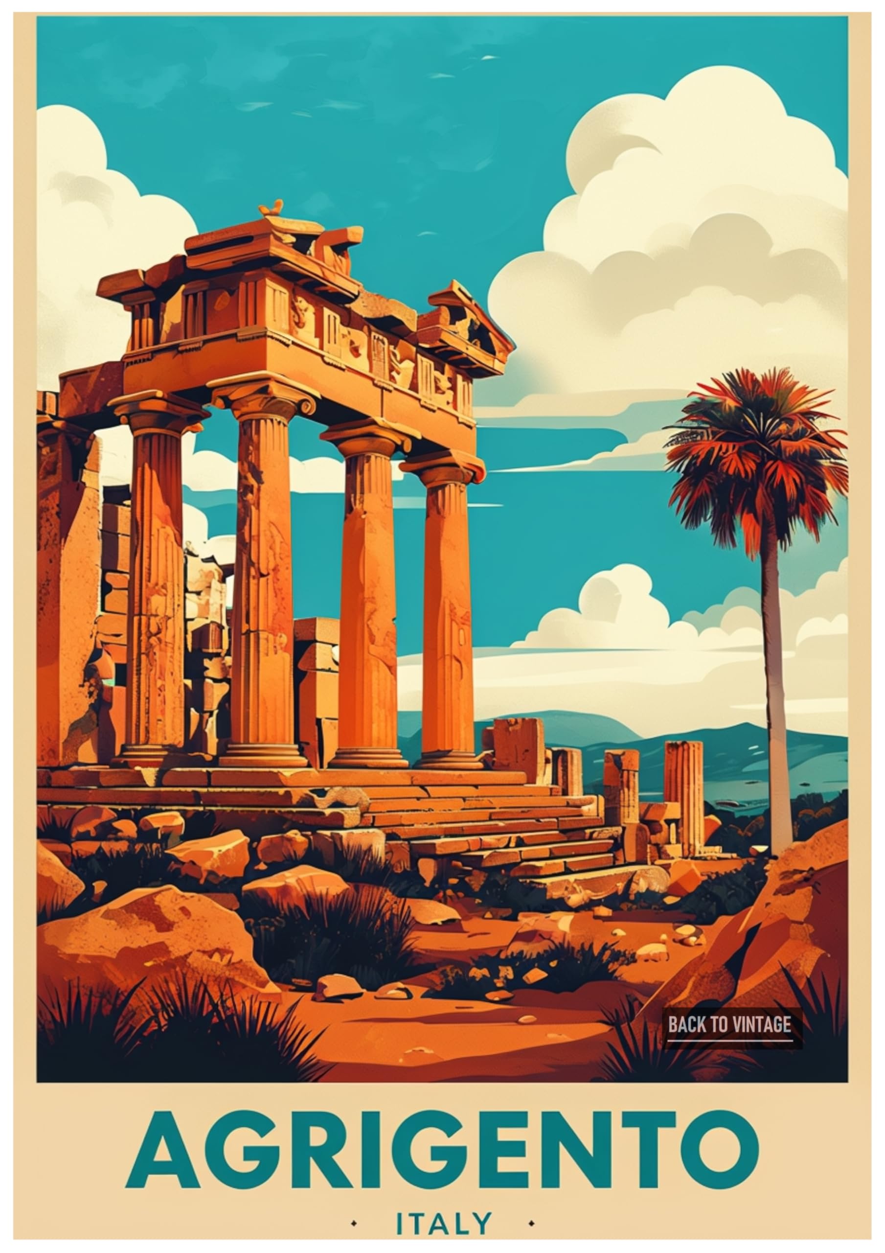 Back To Vintage Multicoloured Vintage Travel Poster Showcasing Italy Agrigento Landscape - Retro Europe Travel Poster A4 Size Vintage Wall Art Print Of Famous European Destinations Ideal For Home Or Office Decor
