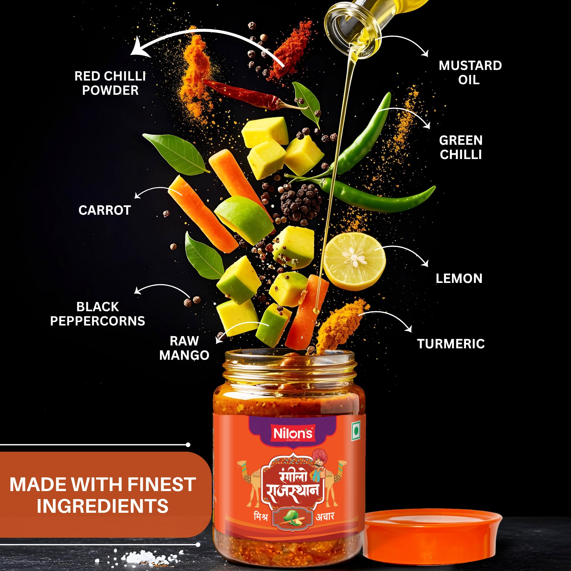 Nilon's Rangilo Rajasthan Mixed Pickle (475g) Homemade Aachar | Spicy & Tangy Pickle in Authentic Royal Rajasthan Style with Raw Mango, Lemon, Mustard Oil & Spices with No Added Artificial Colour