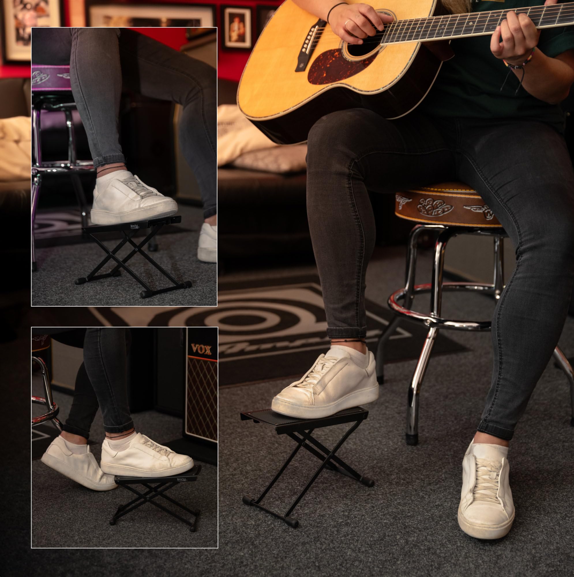Rocktile Podnóżek do gitary – podnóżek z 6-stopniową regulacją wysokości – podnóżek gitarowy dla dzieci i dorosłych – uniwersalny podnóżek składany, zajmuje mało miejsca