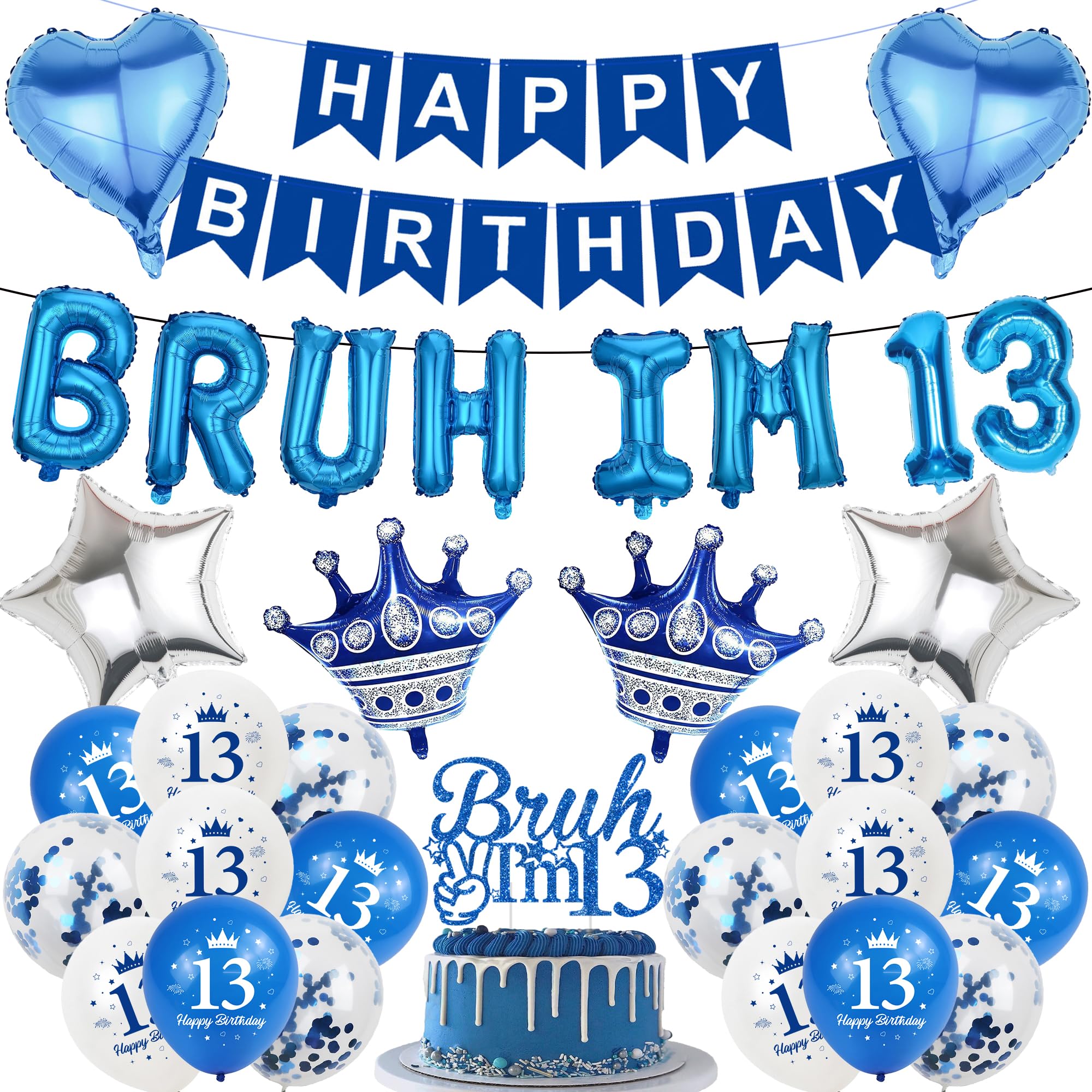 13th Birthday Decorations Teenager Boy - 34 Pcs Blue Silver Bruh Im 13 Banner Fishtail Flag Star Crown Foil Balloons Cake Topper Set for Boys 13 Year Old Birthday Party Decor Supplies