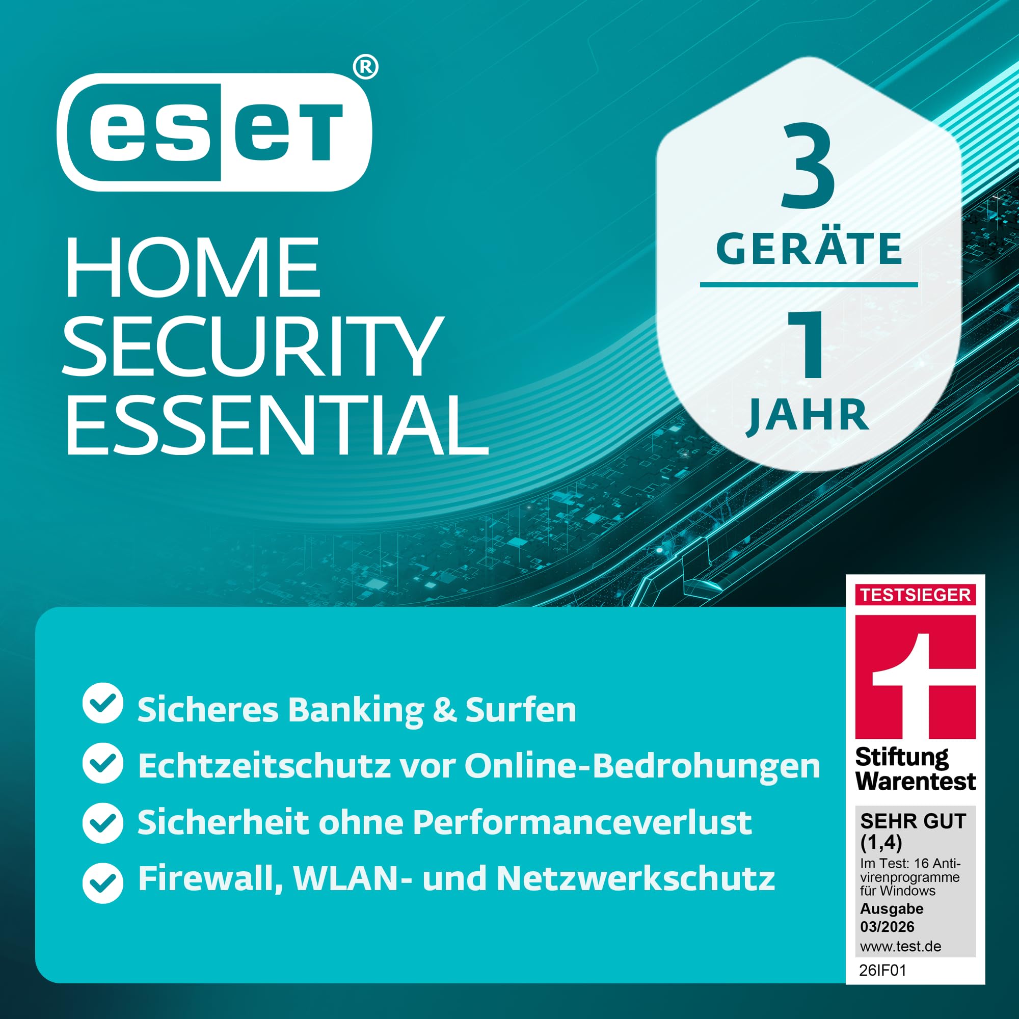 ESET HOME Security Essential 2026 | 3 Geräte | 1 Jahr | inklusive Firewall, Sicheres Banking & Surfen, Mikrofonkontrolle & Webcam-Schutz| Windows, macOS und Android | Aktivierungscode per E-Mail