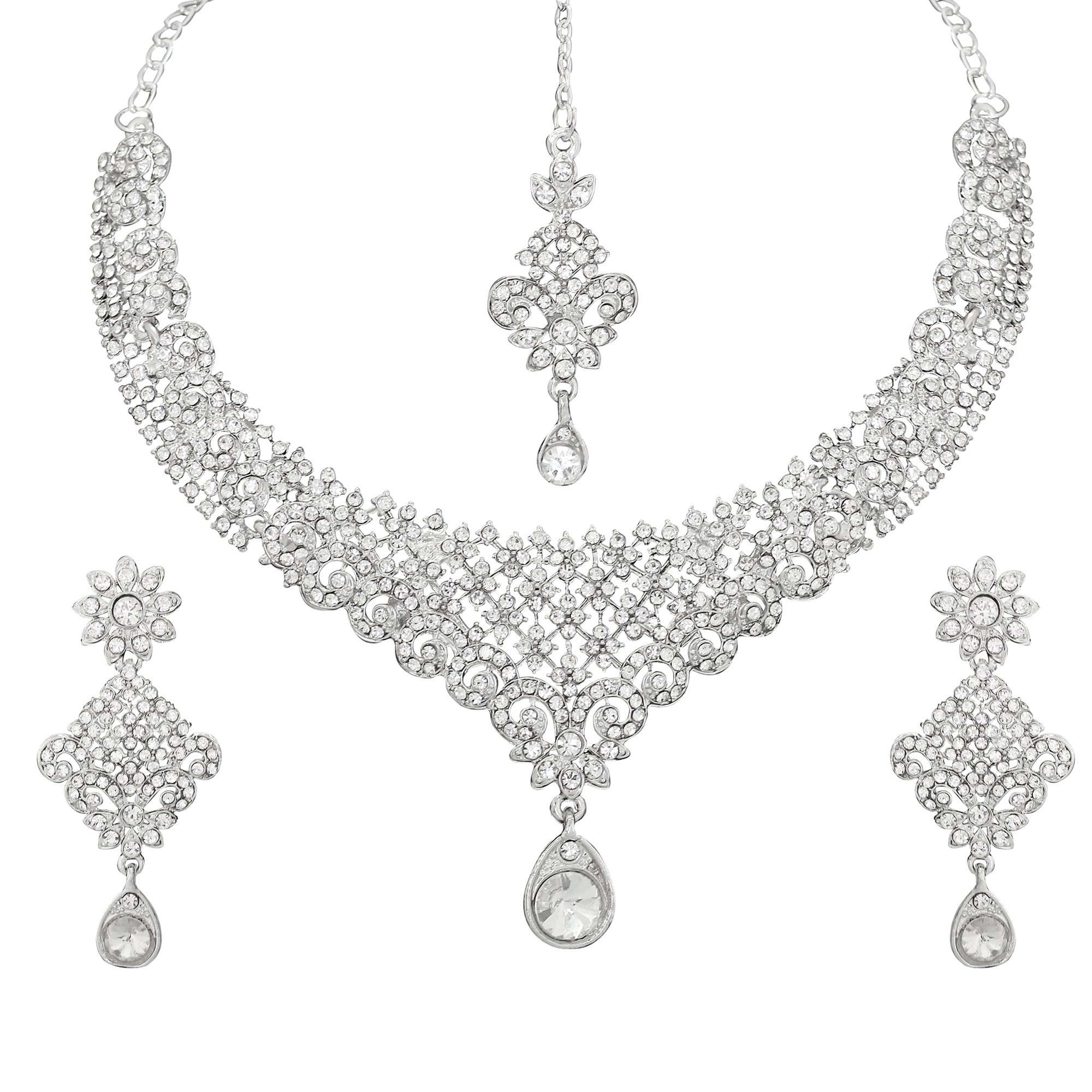 Atasi International Gold Plated Necklace with Earrings and Maang Tikka for Women - Jewellery Set for Party, Wedding, Engagement (Silver) (R1960) (B07P6G7TCF) Amazon Price History, Amazon Price Tracker