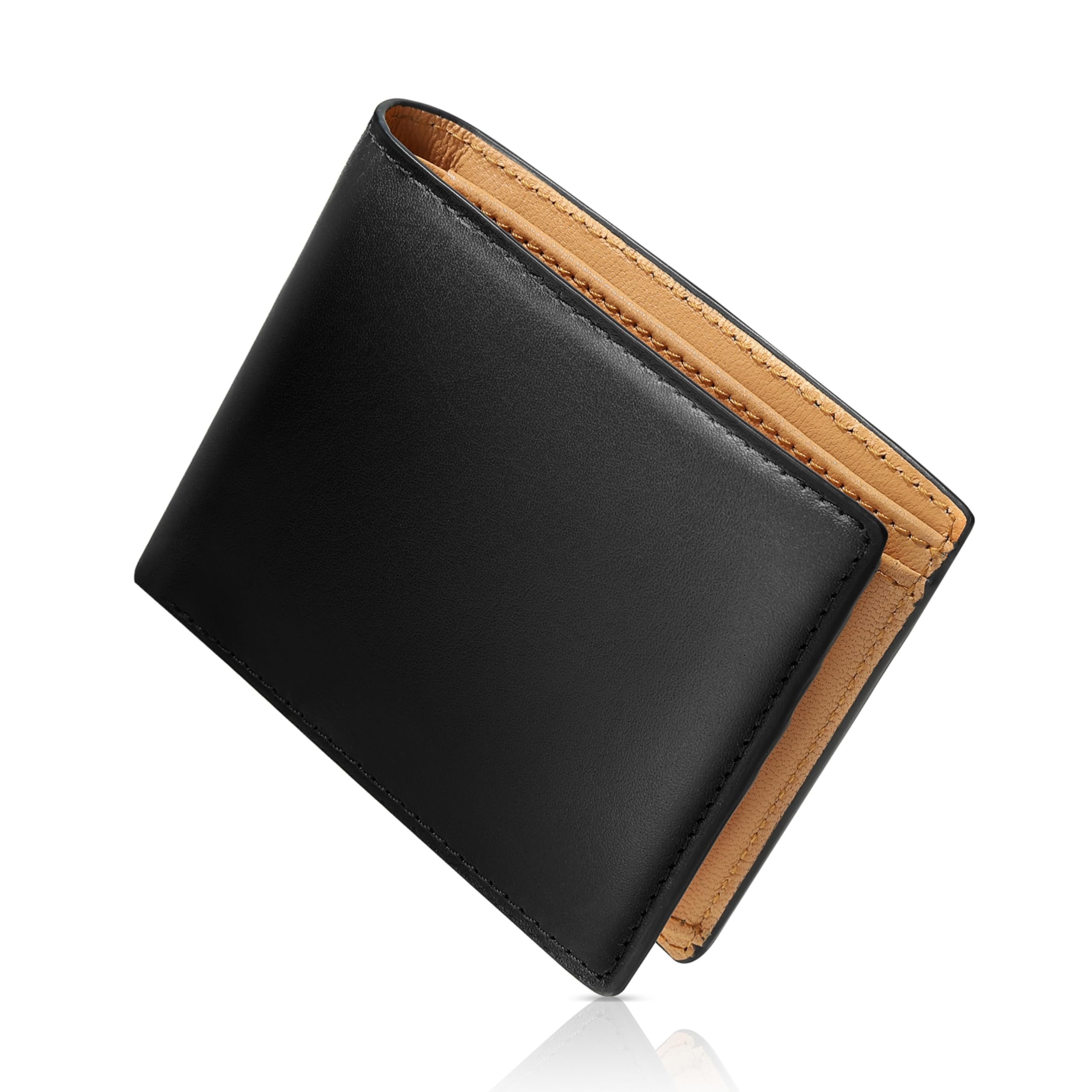 RATOM Genuine Leather Bifold Wallet Horizontal Coin Pocket Black Compact