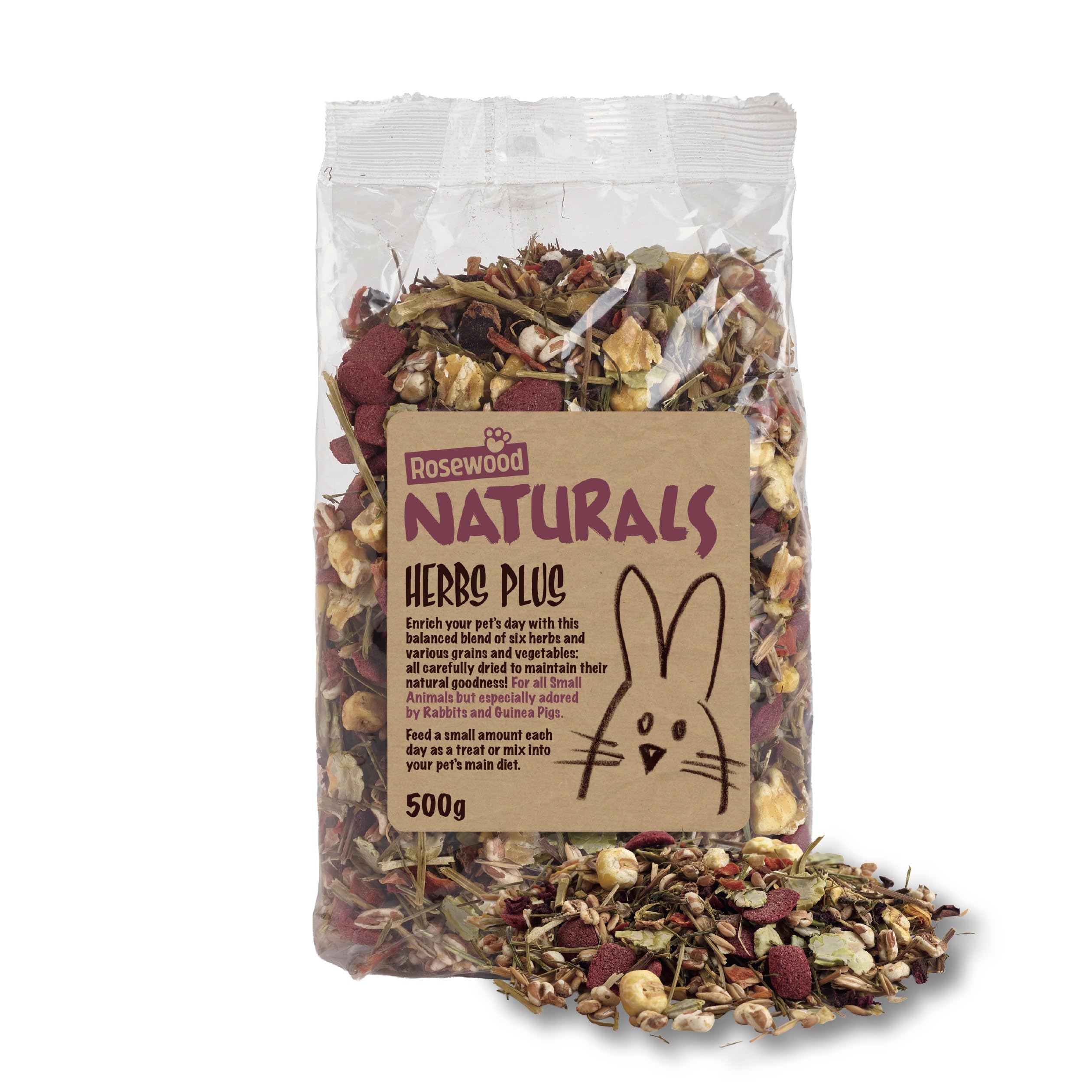 Rosewood Naturals Herbs Plus, Small Animal Treat for Rabbits, Guinea Pigs, Chinchillas, Degus, Hamsters, Gerbils, Mice and Rats, 500g