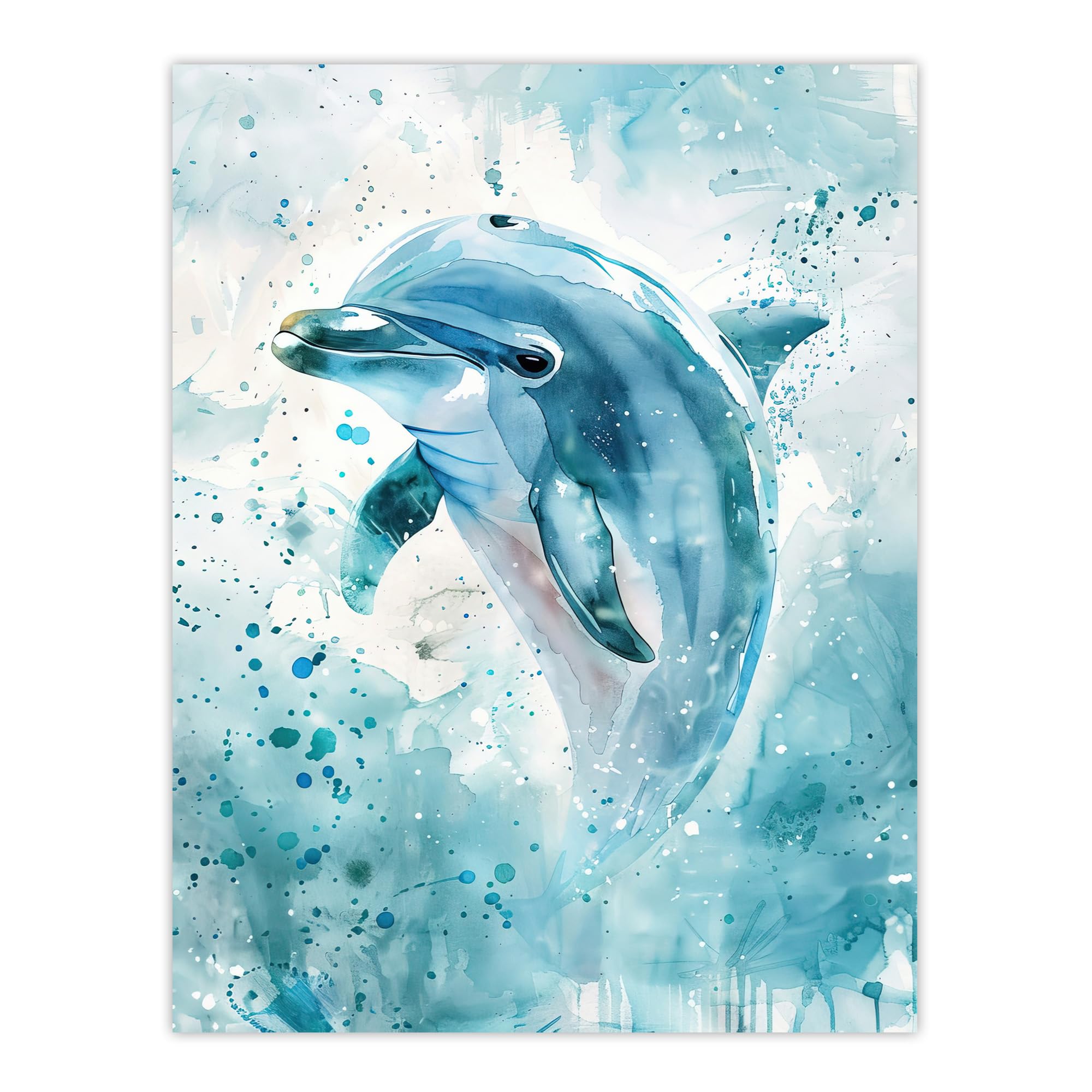 Artery8 Dolphin Wave Jump Watercolour Print - Light Blue Sea - W18" x H24"