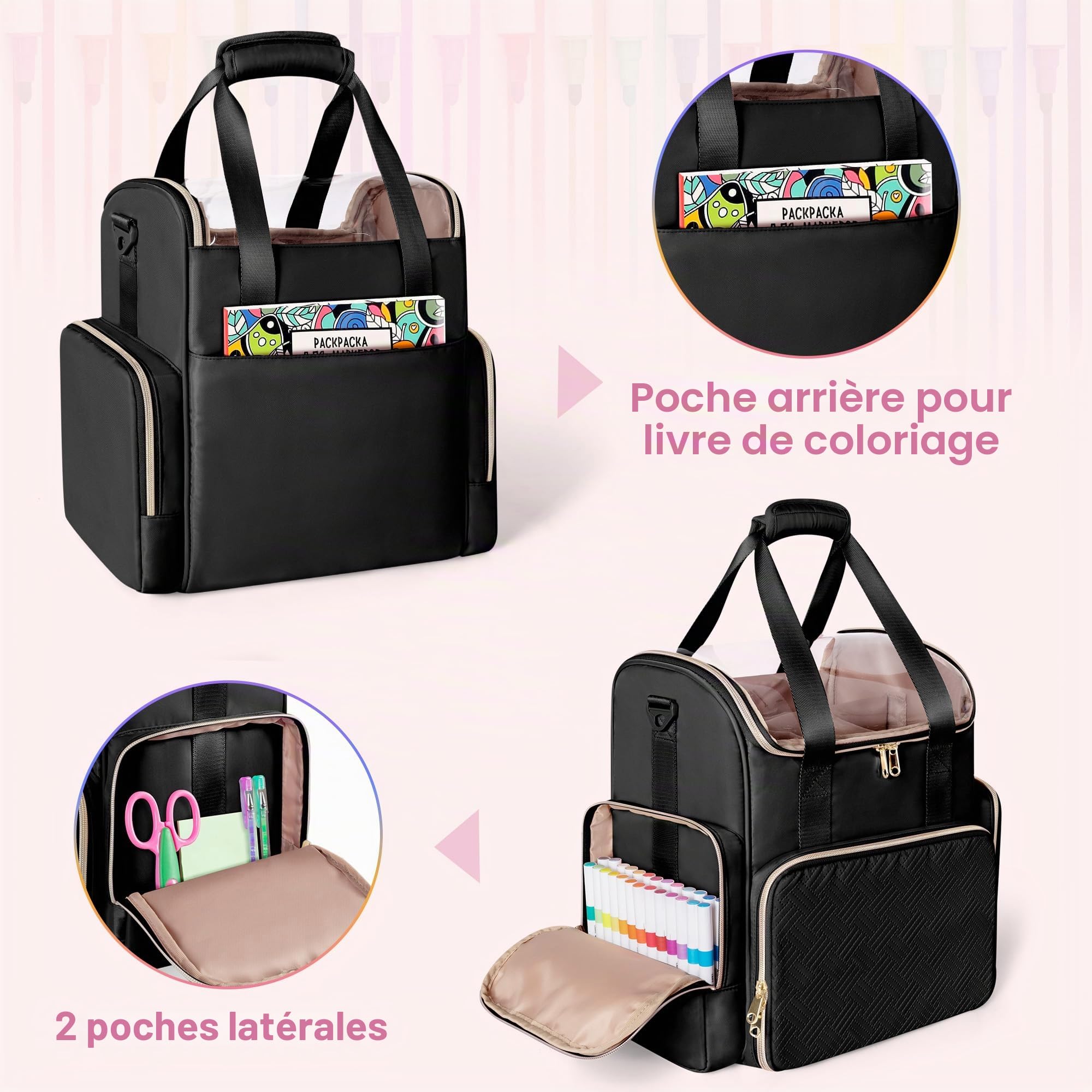 Rexmica Double Couche Sac de Rangement pour 400 Marqueurs, Grand Étui de Rangement pour Feutre à Alcool avec Séparateurs et Multiples Poches pour Stylos, Livres ou Autres Fournitures de Peinture, Noir