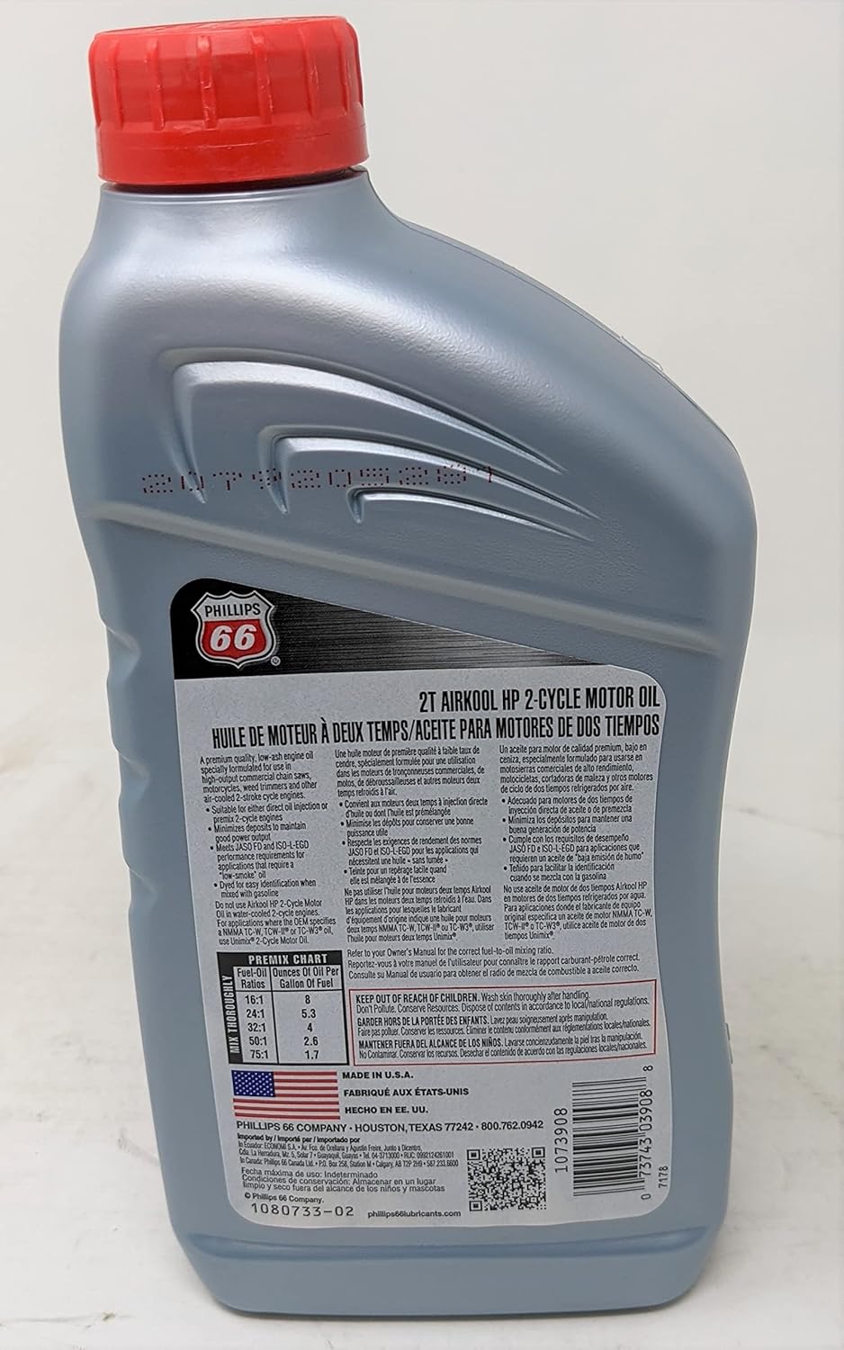 Indietro view of Phillips 66 Airkool HP 2-Cycle Motor Oil Quart bottle with product information