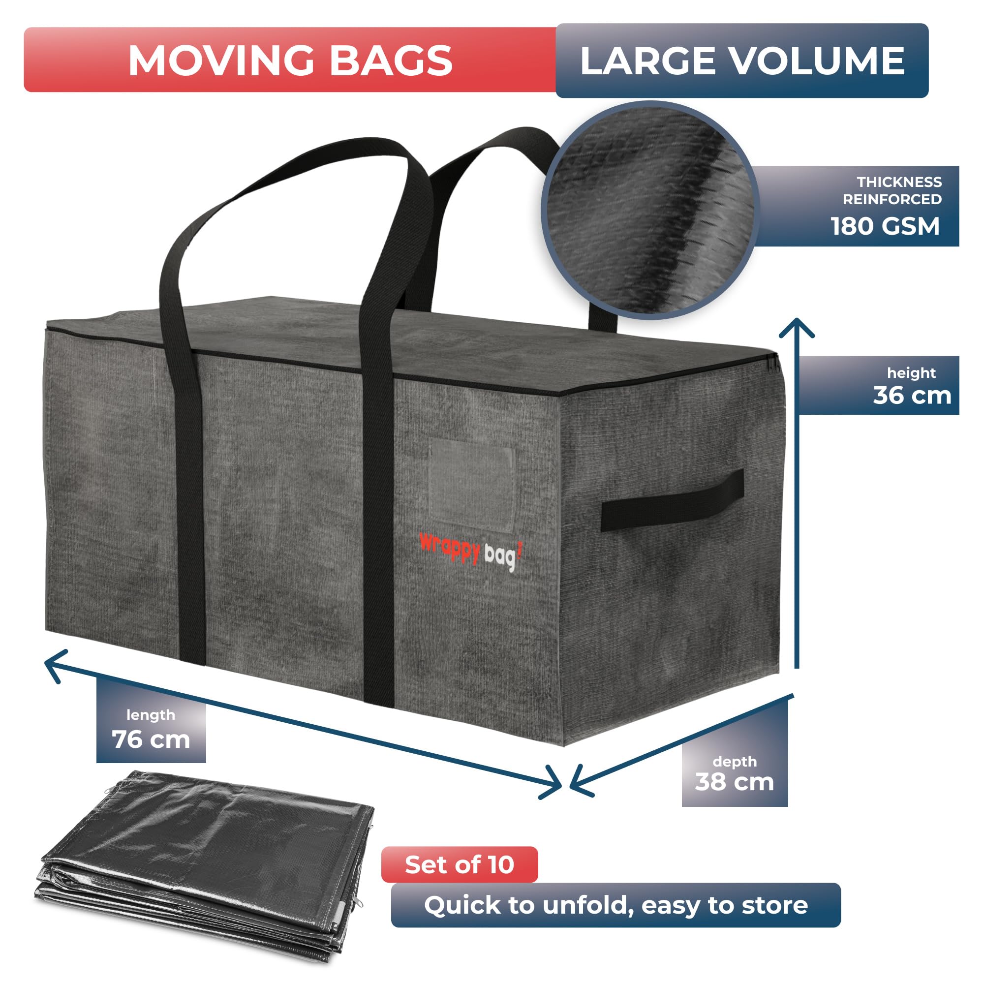 WRAPPYBAG Pack of 10 XXL Storage Bags, with transparent window, Packing bags for Moving House - Image 2