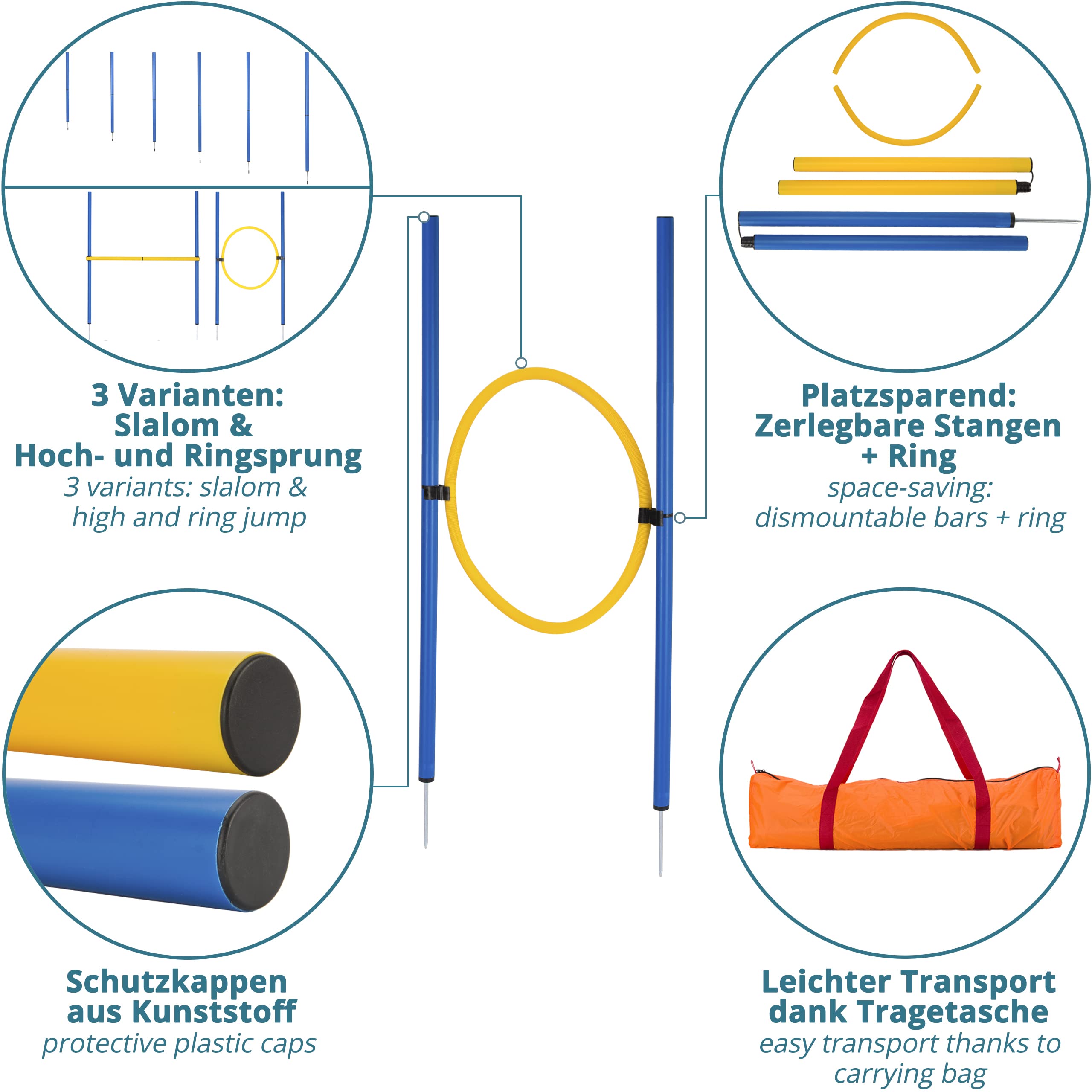 Suusolny Grün 4X Hürden für Hunde Agility-Ausrüstung Slalom Stangen Höhenverstellbar Slalom Training Trainingsset Trainingsstangen Sprungstangen-Set 104x70x101cm