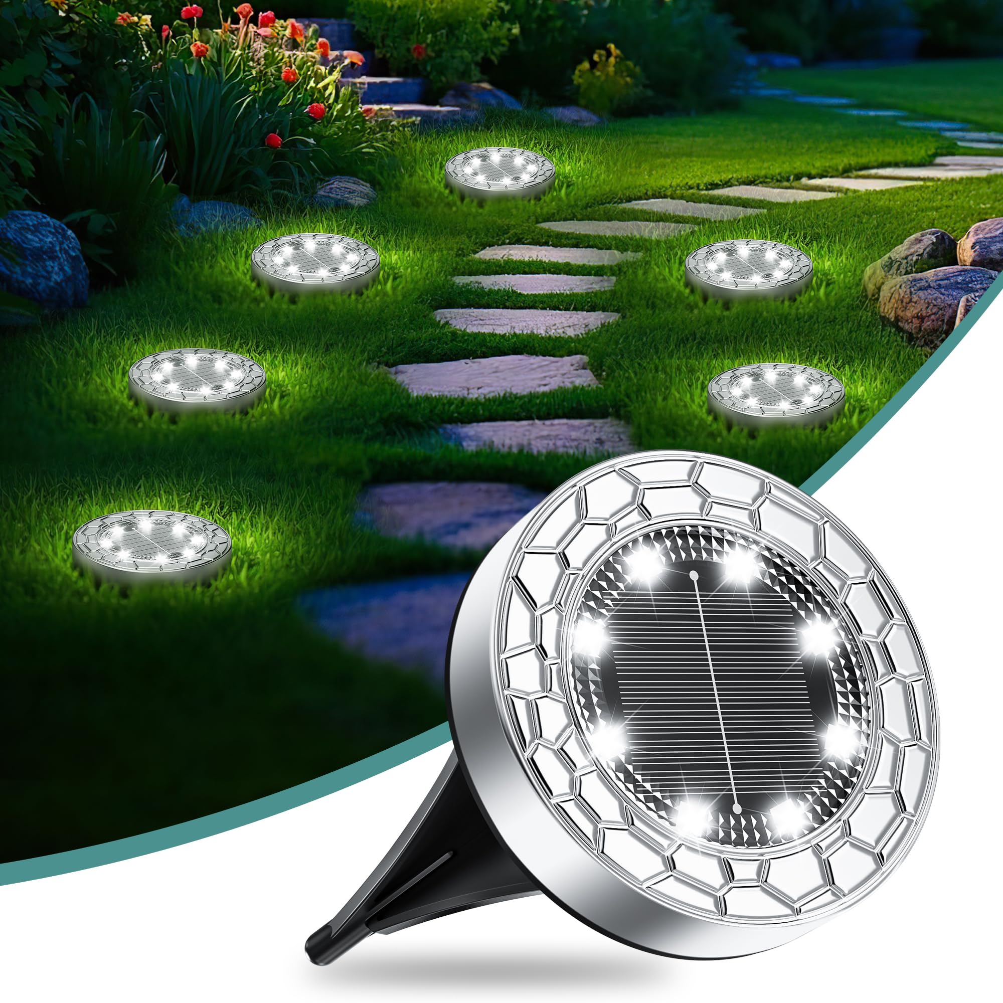 FIFlying 6 pezzi Luci Solari da Giardino, 8 LED Lampade Solare da Terra, Acciaio Inossidabile Bianco Freddo Faretti Sepolta Solari a Led da Esterno, per Prato, Vialetto, Marciapiede, Patio