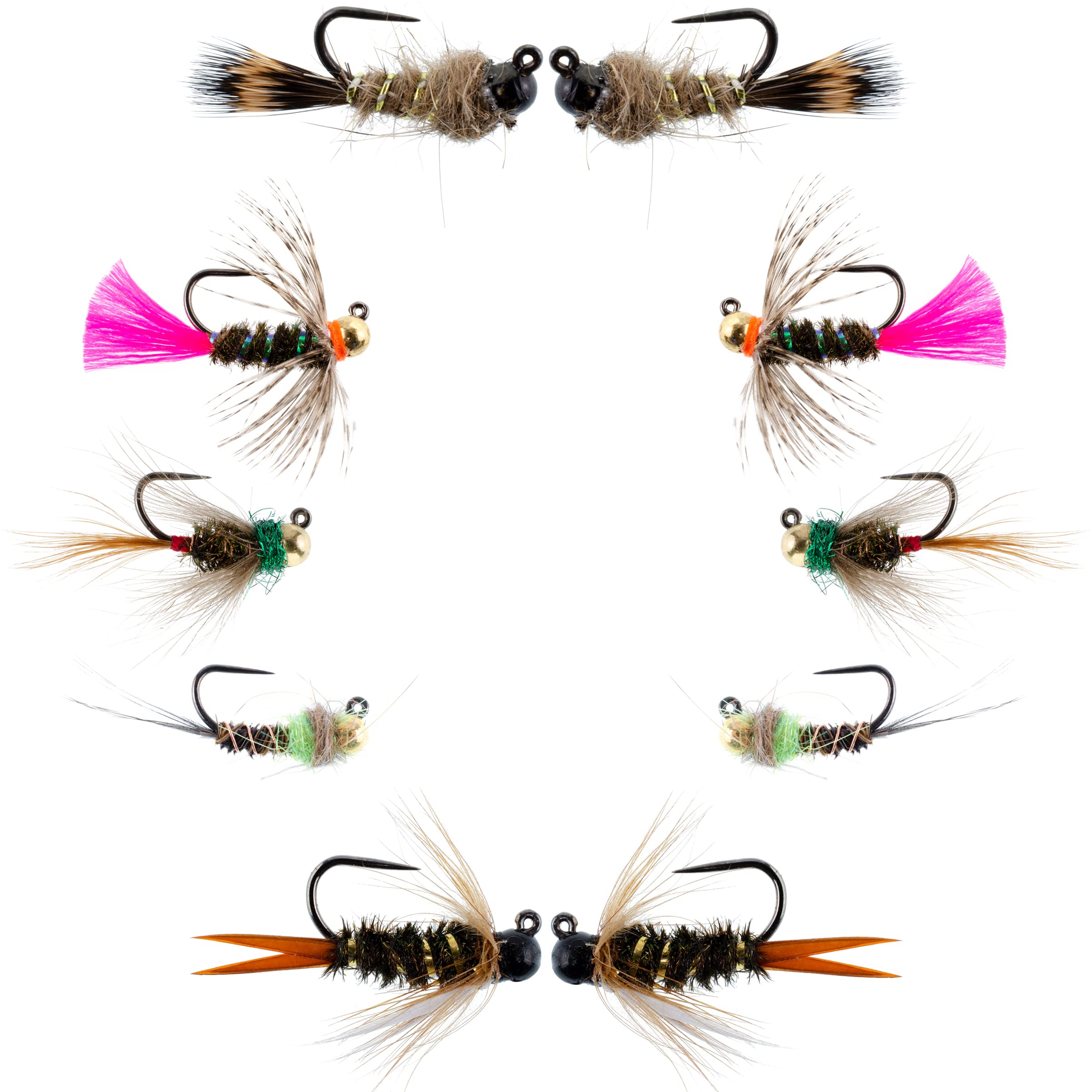 The Fly Fishing Place Basics Collection - Essential Tungsten Bead Euro Tactical Nymphs - 10 Wet Flies - 5 Patterns - Hook Sizes 12,14, 16, 18