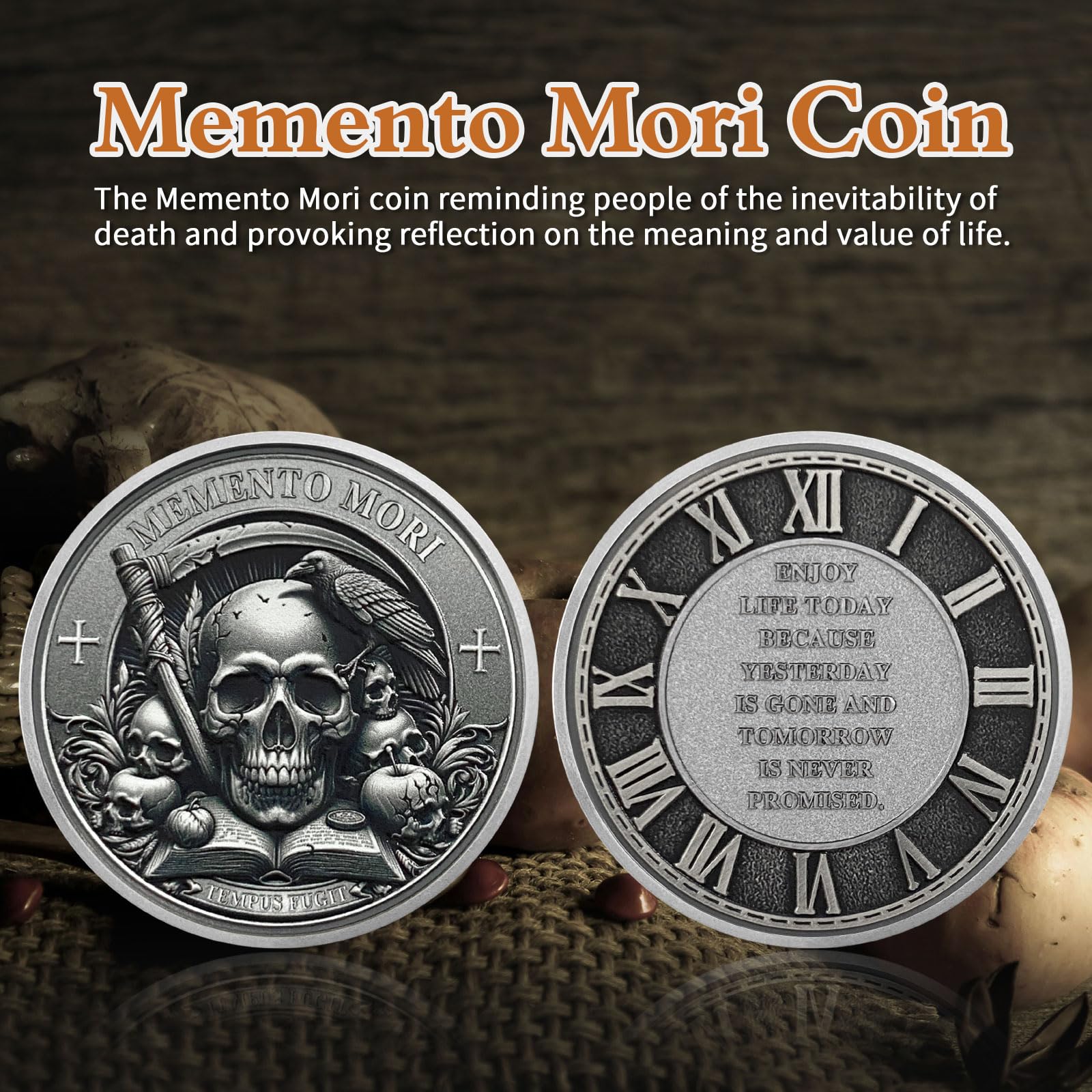 AtSKnSK Moneta Memento Mori TEMPUS FUGIT Moneta Teschio Moneta Sfida Medaglione Corvo Chip Regali Stoici Ricordo per Donne e Uomini