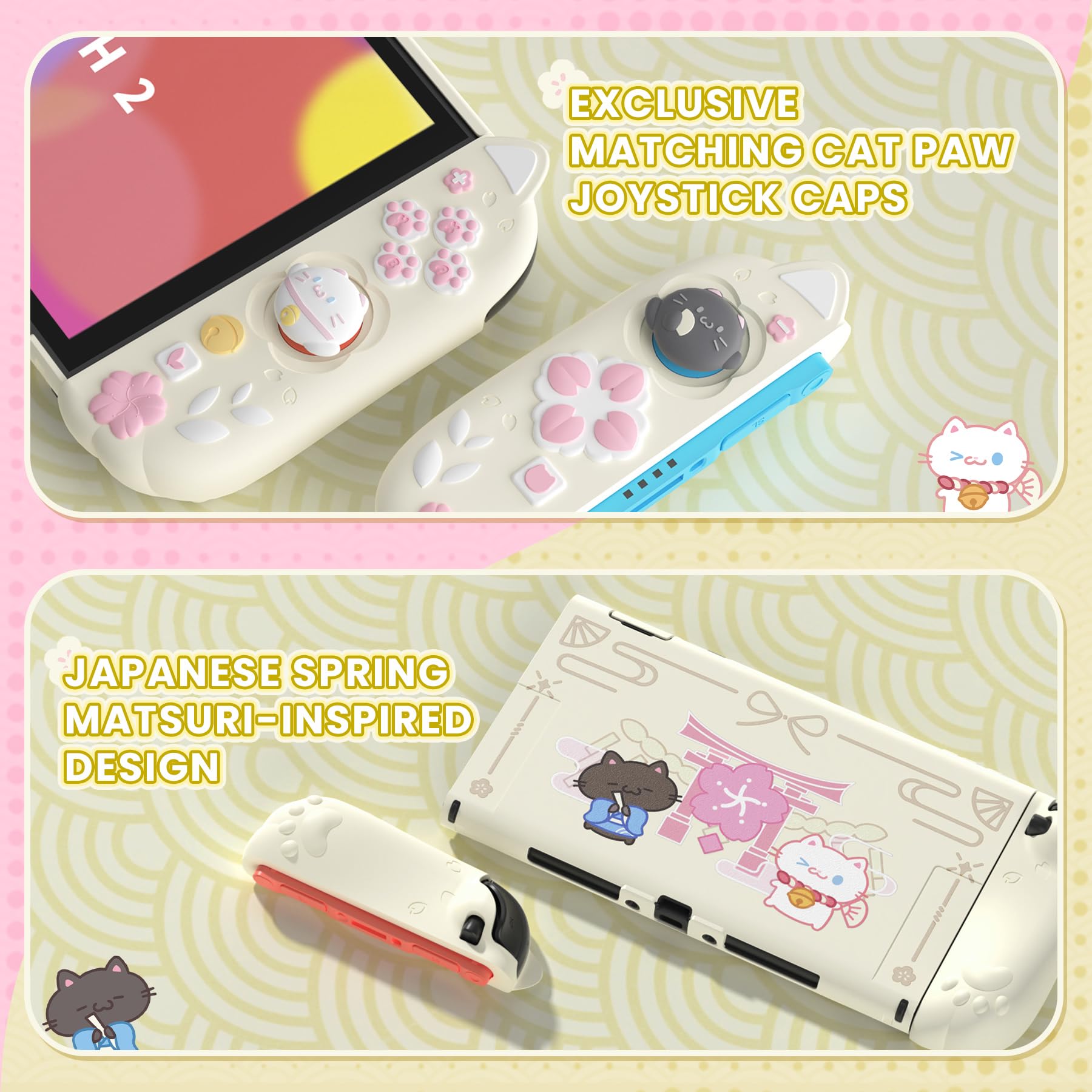playvital pour Switch 2 Coque avec Joycon Grips Cover Silicone & Capuchon Joysitck & Support pour Nintendo Switch 2 Console Accessoire Protection Étuis Housse Dockable-Jaune Antique,Chaton Cerisiers