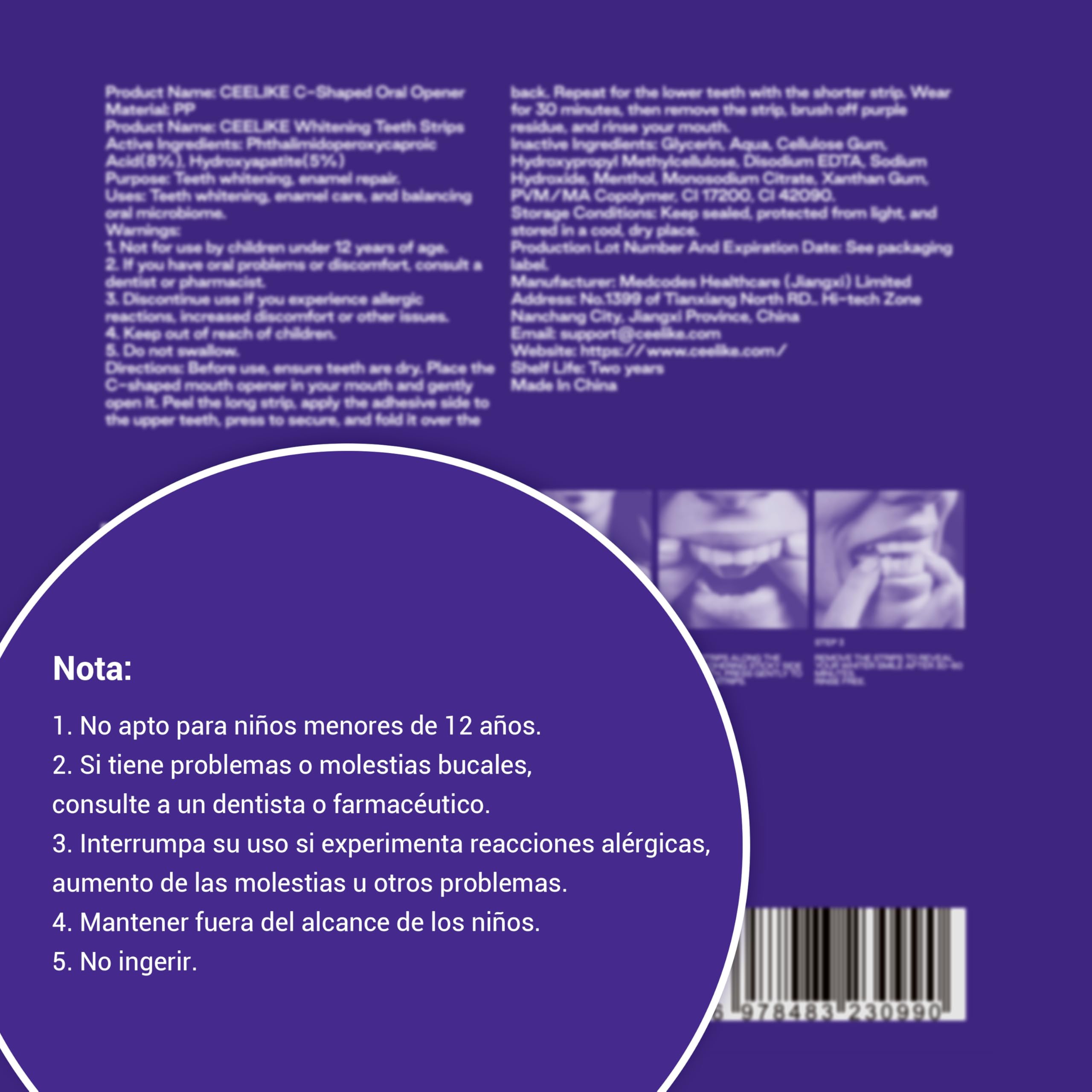 CEELIKE Tiras blanqueadoras moradas para dientes - Fórmula con PAP + nHAP - Tecnología correctora de color violeta - 14 tiras (7 usos) - Aptas para dientes sensibles — view 6