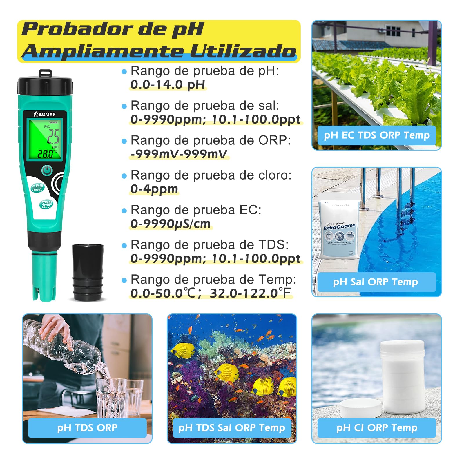 UIUZMAR Medidor de pH y Cloro para Piscinas, Digital Medidor de pH y Salinidad para Piscinas de Agua Salada, 7 en 1 FAC/pH/Sal/ORP/TDS/EC/Temp comprobador con Solución de Calibración para Spas
