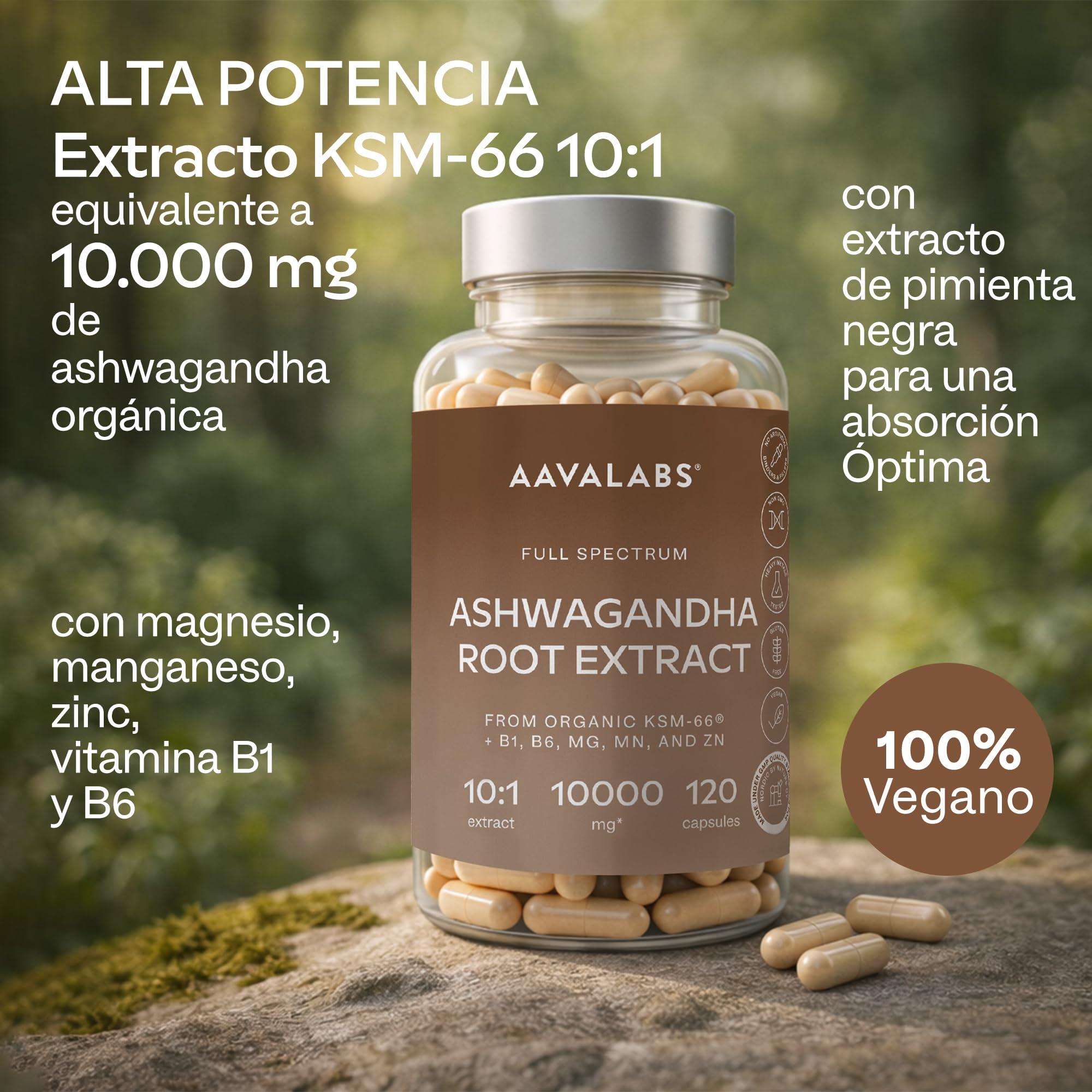 Ashwagandha KSM-66 1000mg (Proporción de Extracto 10:1 Equivalente a 10,000mg por Porción) - 5% de Withanólidos - Ashwagandha Organica con Magnesio, Manganeso, Zinc y Vitamina B6, B1-120 Capsulas