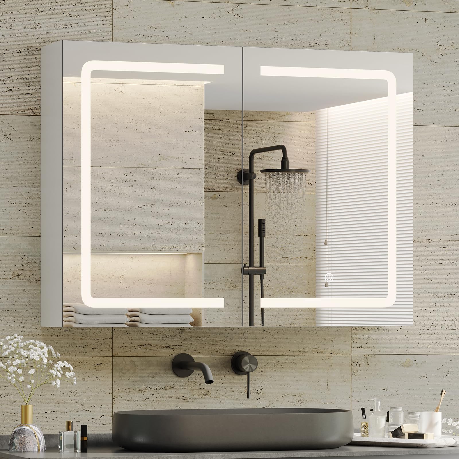 DICTAC Medicine Cabinet with Mirrors and Storage 31.5''x23.6'' Wall Mounted Bathroom Mirror Cabinets with Led Lights Double Doors Mirror Lighted Medicine Cabinets with Adjustable Storage Shelf,White