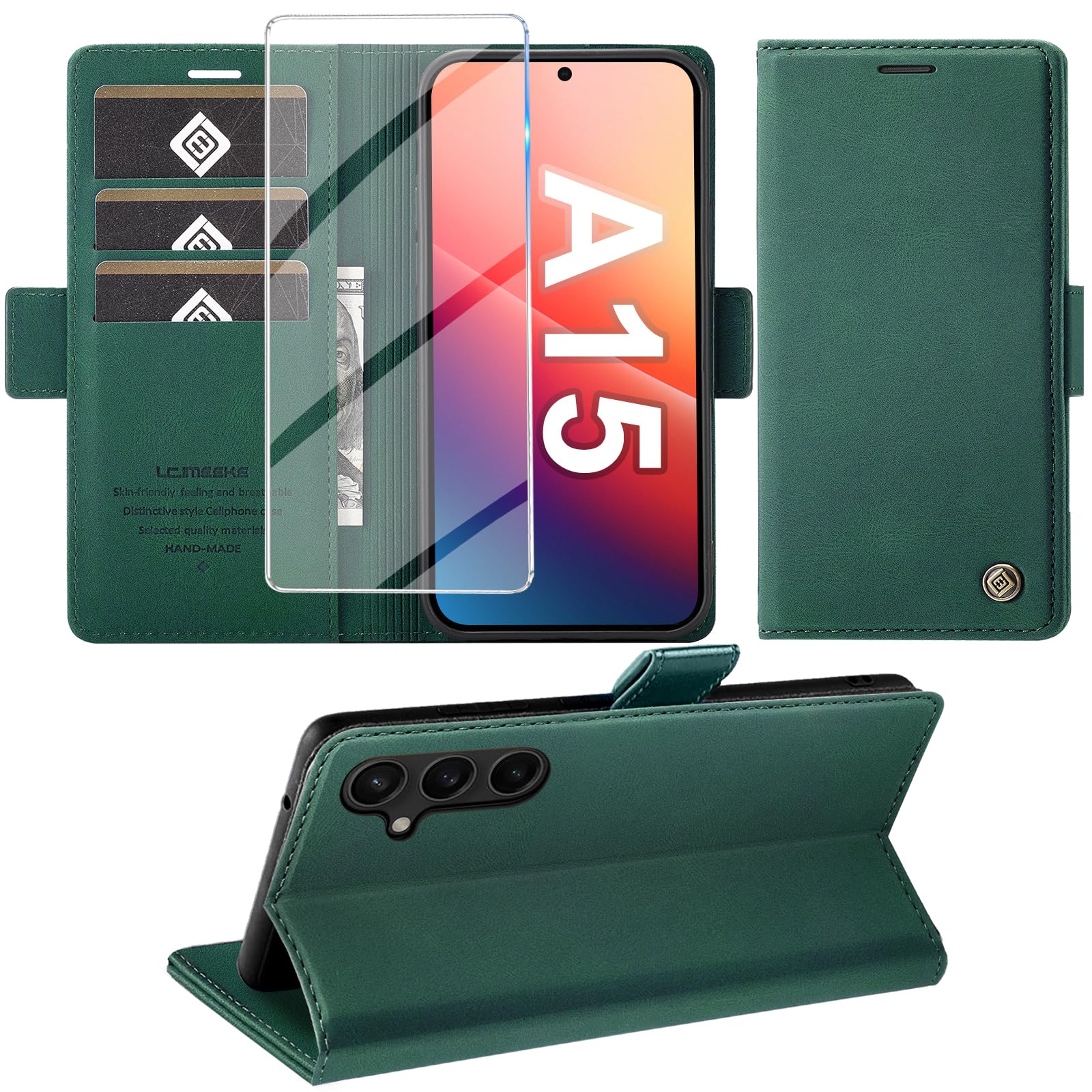 Giyer Handyhülle für Samsung Galaxy A15 Hülle mit Schutzfolie, Schutzhülle Galaxy A15 4G/5G PU Leder Wallet Flip Case Standfunktion Kartenfach Klapphülle für Samsung A15 Full Cover (Grün)