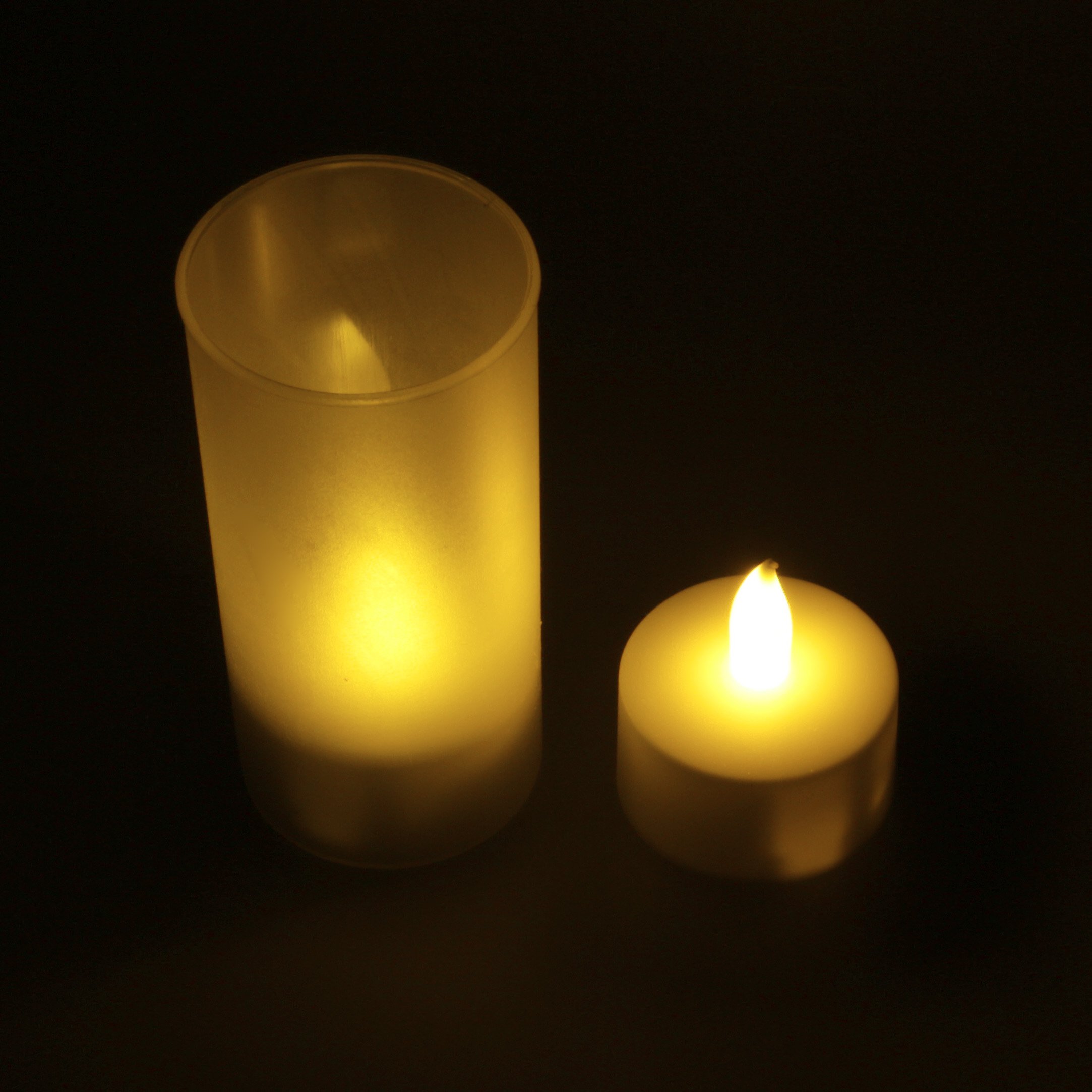 12er Set Deko Kerzen Led Teelichter gelb flackernd mit Windglas kabellos Akku aufladbar mit Ladestation Stimmungslicht